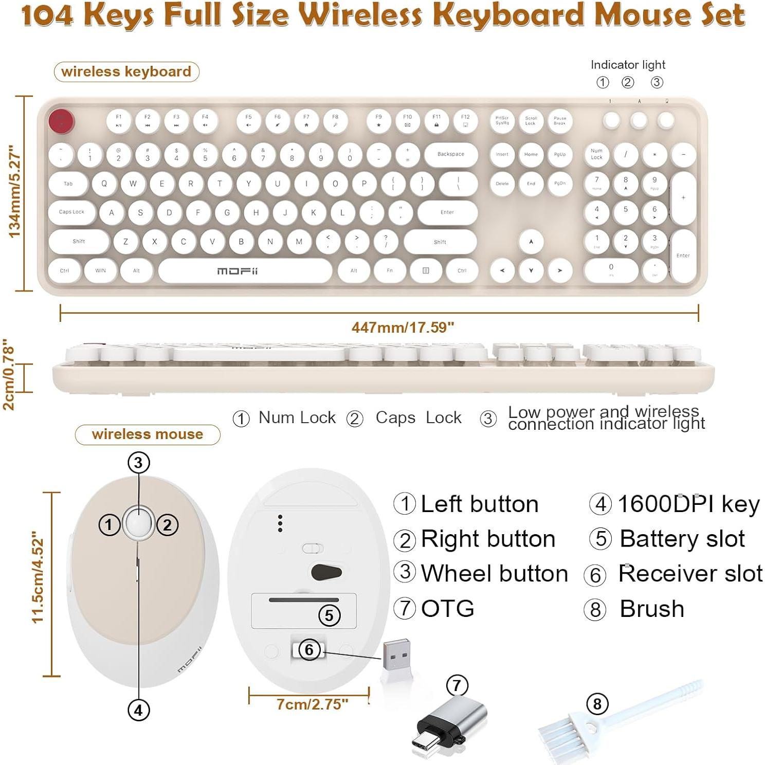 Cream Wireless Keyboard Mouse, COOFUN 104 Keys Full Size White Keyboard Ergonomic Cordless Keyboards Cute Colorful Retro Typewriter Key Board for Windows, PC, Laptop, Desktop (Creamy)