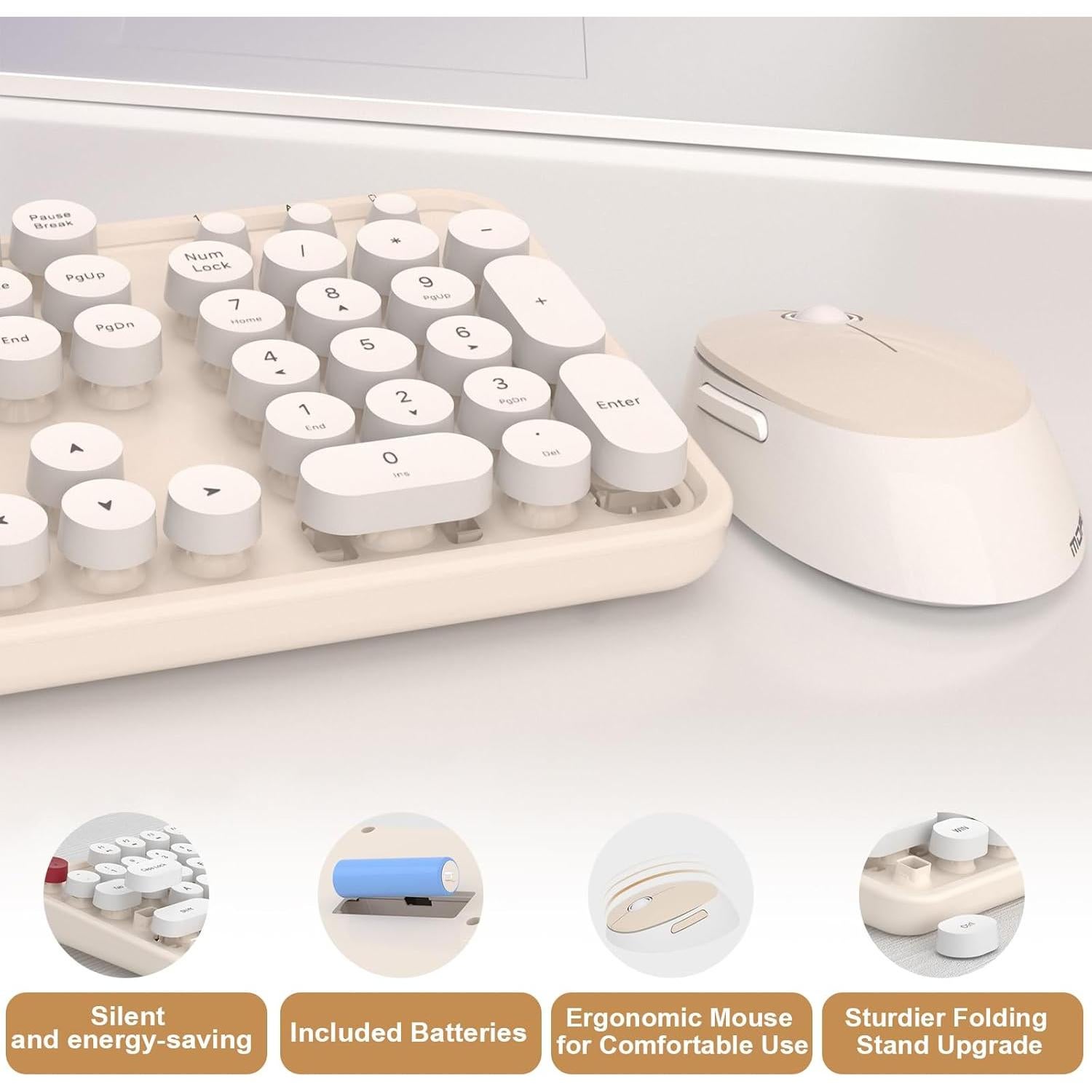 Cream Wireless Keyboard Mouse, COOFUN 104 Keys Full Size White Keyboard Ergonomic Cordless Keyboards Cute Colorful Retro Typewriter Key Board for Windows, PC, Laptop, Desktop (Creamy)