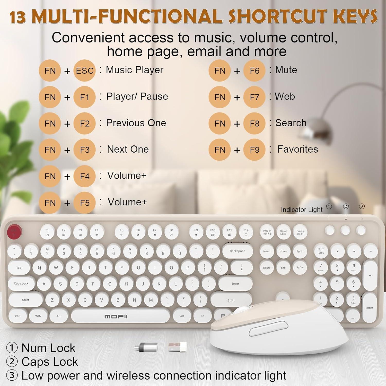 Cream Wireless Keyboard Mouse, COOFUN 104 Keys Full Size White Keyboard Ergonomic Cordless Keyboards Cute Colorful Retro Typewriter Key Board for Windows, PC, Laptop, Desktop (Creamy)