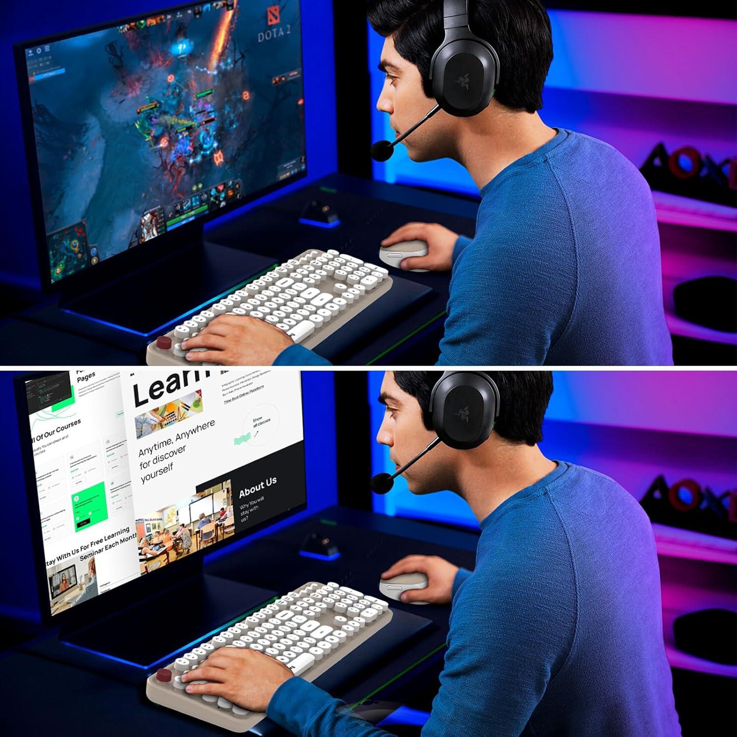 Cream Wireless Keyboard Mouse, COOFUN 104 Keys Full Size White Keyboard Ergonomic Cordless Keyboards Cute Colorful Retro Typewriter Key Board for Windows, PC, Laptop, Desktop (Creamy)