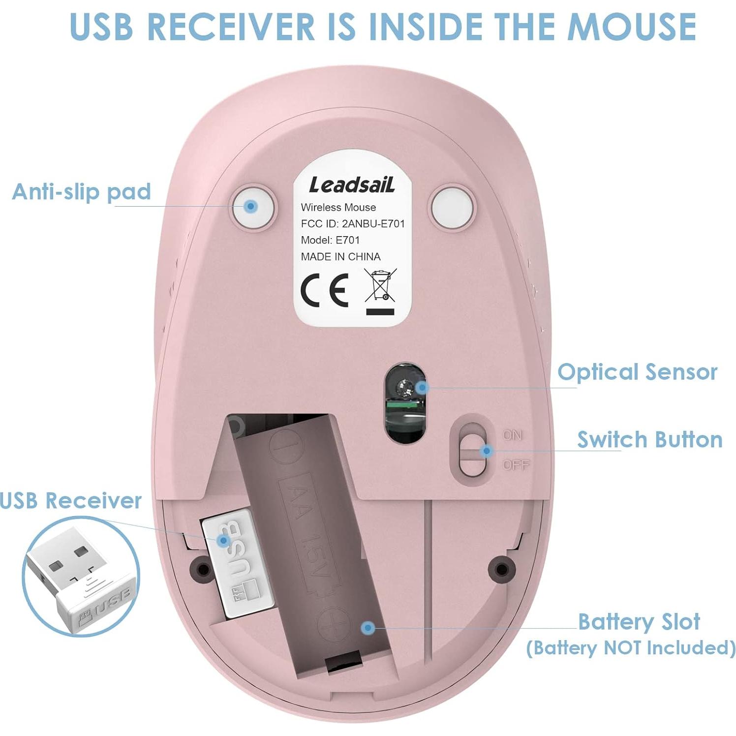 Mouse Inalámbrico LeadsaiL Rosa Claro 2.4GHz Silencioso 1600 DPI