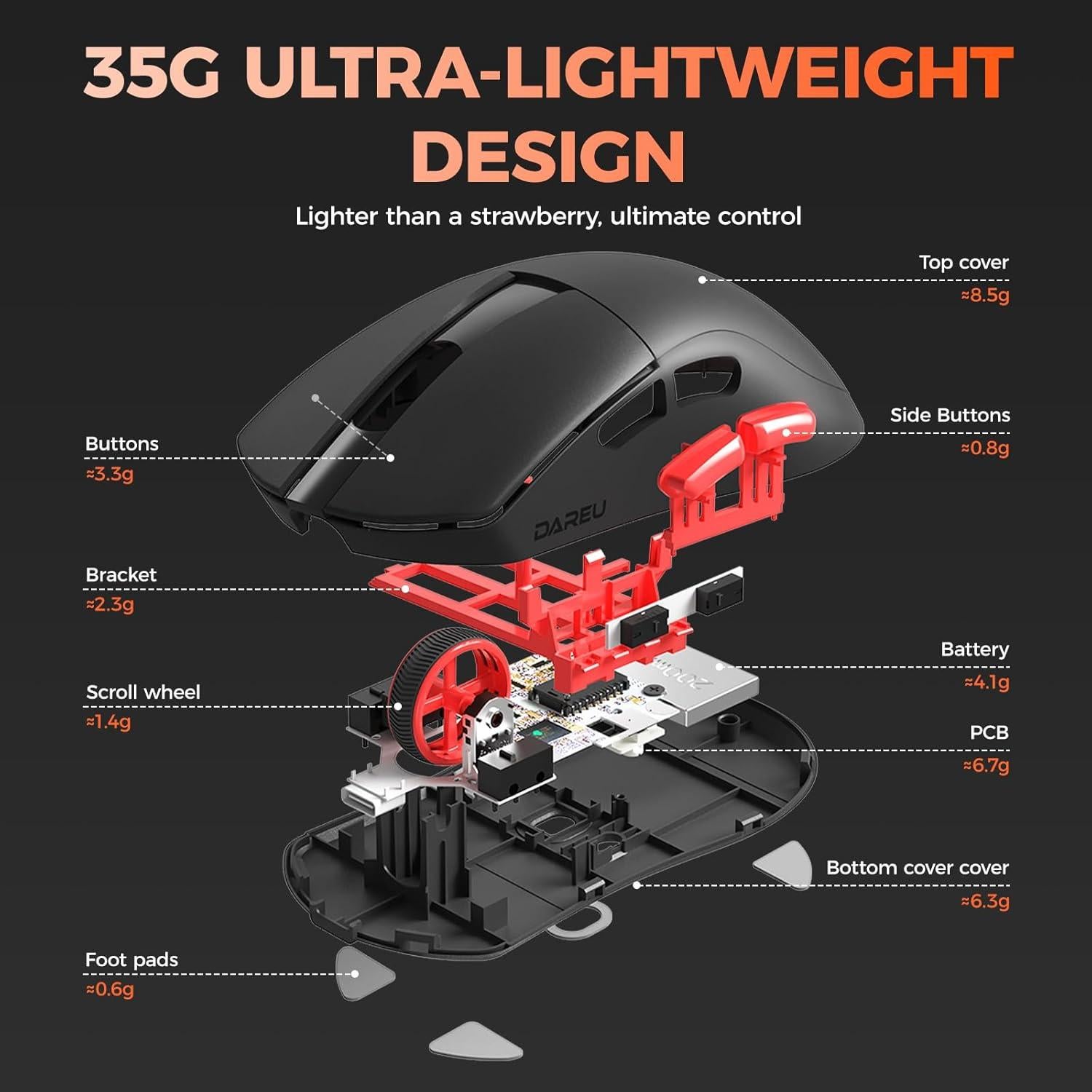 Ratón Gaming Inalámbrico DAREU A950 Wing 35g 30000 DPI