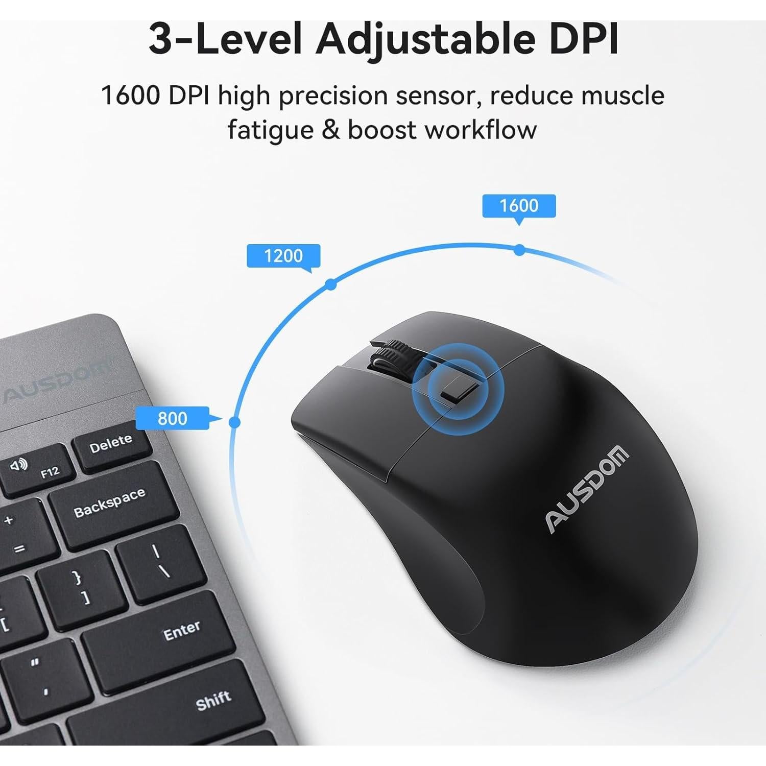 Ratón Inalámbrico AUSDOM M03 Negro 1600 DPI para Laptop