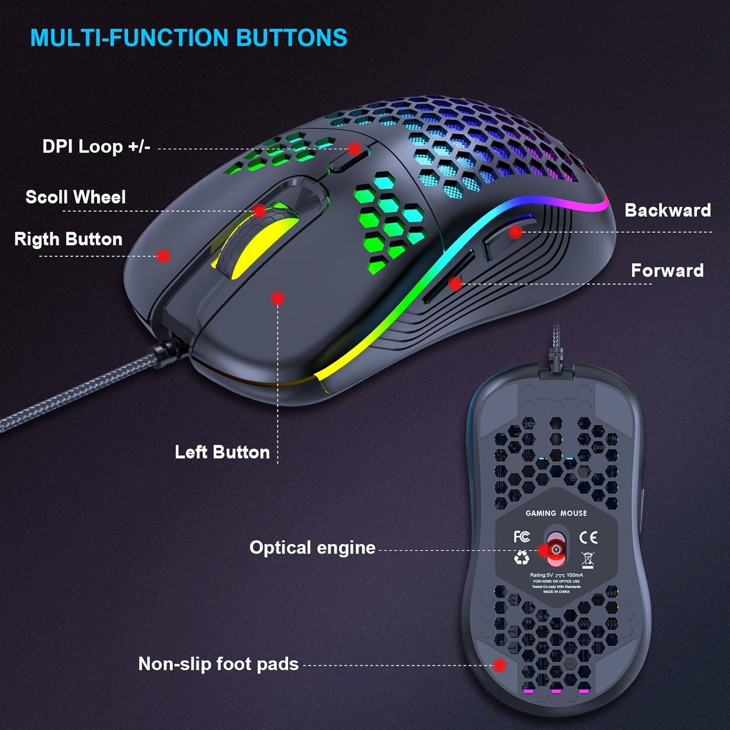 Ratón Gaming JYCSTE Ergonómico con Cable RGB 6 Botones
