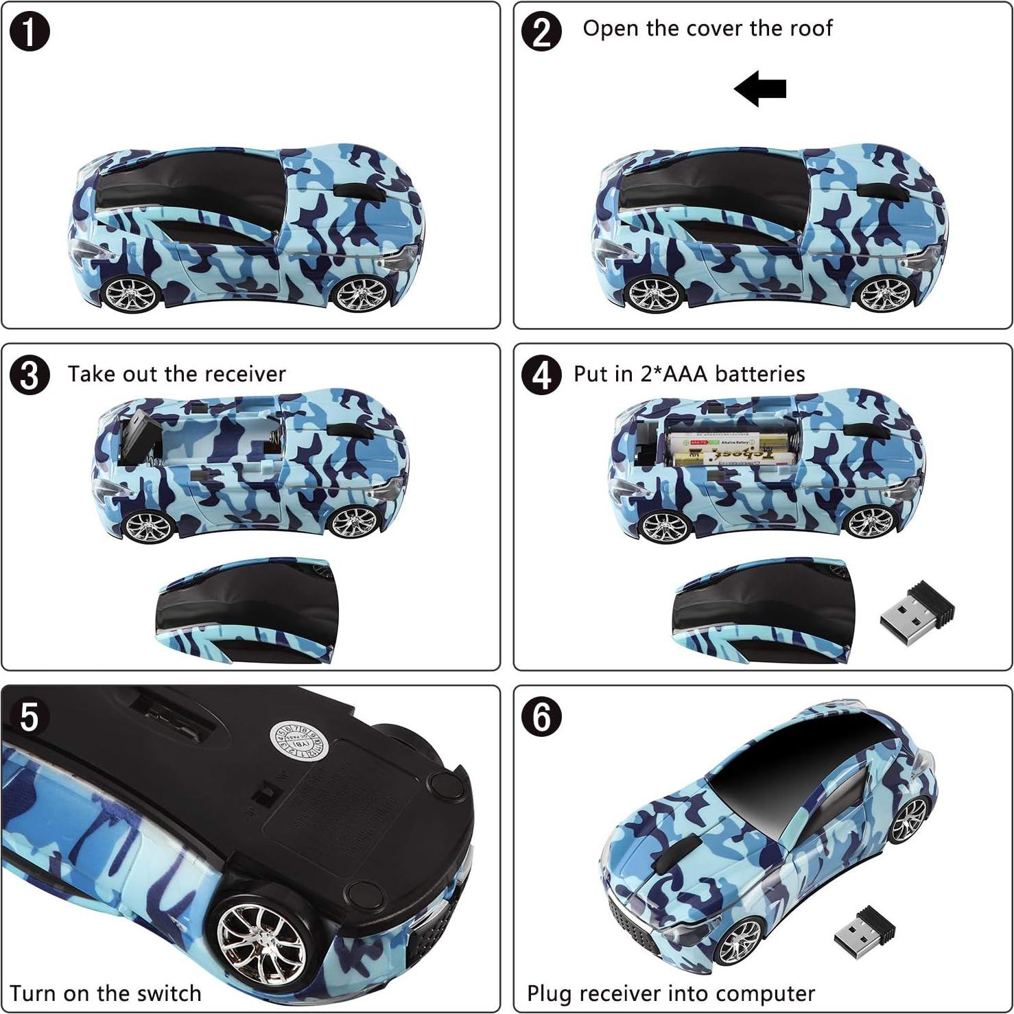 Wireless Mouse, Car Shape Mouse 2.4GHz USB, Cute Wireless Mouse 1600DPI, Ergonomic Mouse for Kids and Adult (Blue Camouflage)