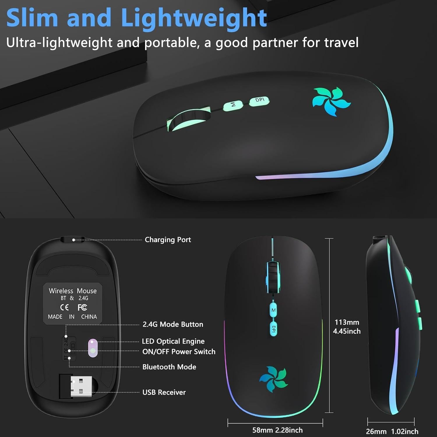 Ratón Inalámbrico KARFUN Bluetooth + 2.4GHz, 7 Luces RGB