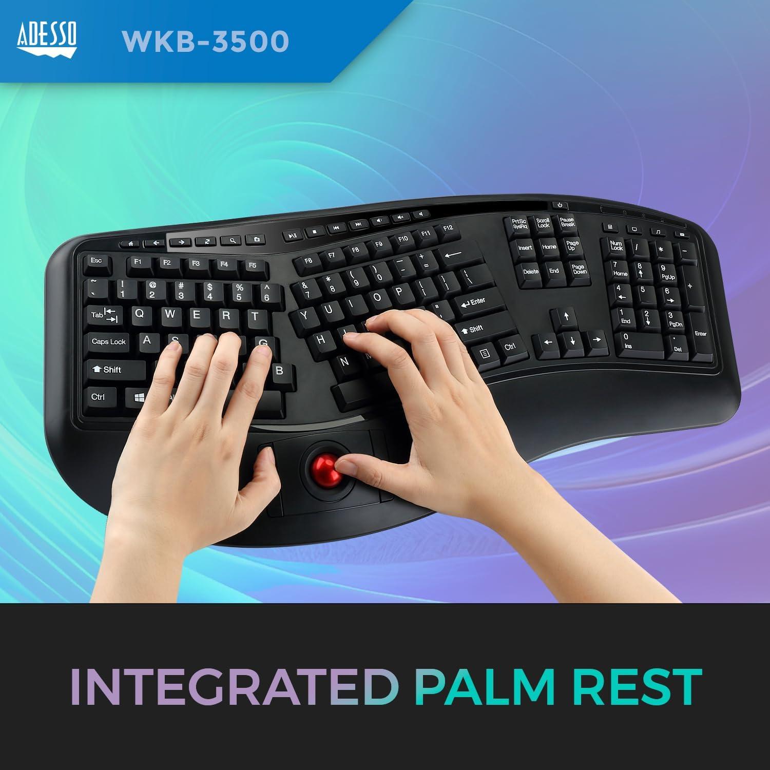Teclado Ergonómico Inalámbrico Adesso WKB-3500UB con Trackball