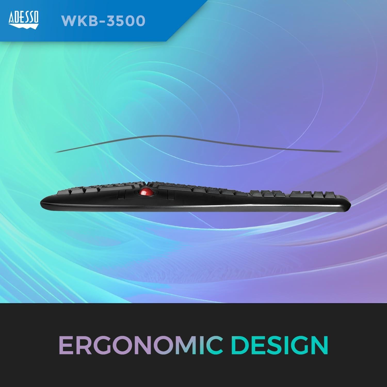 Teclado Ergonómico Inalámbrico Adesso WKB-3500UB con Trackball