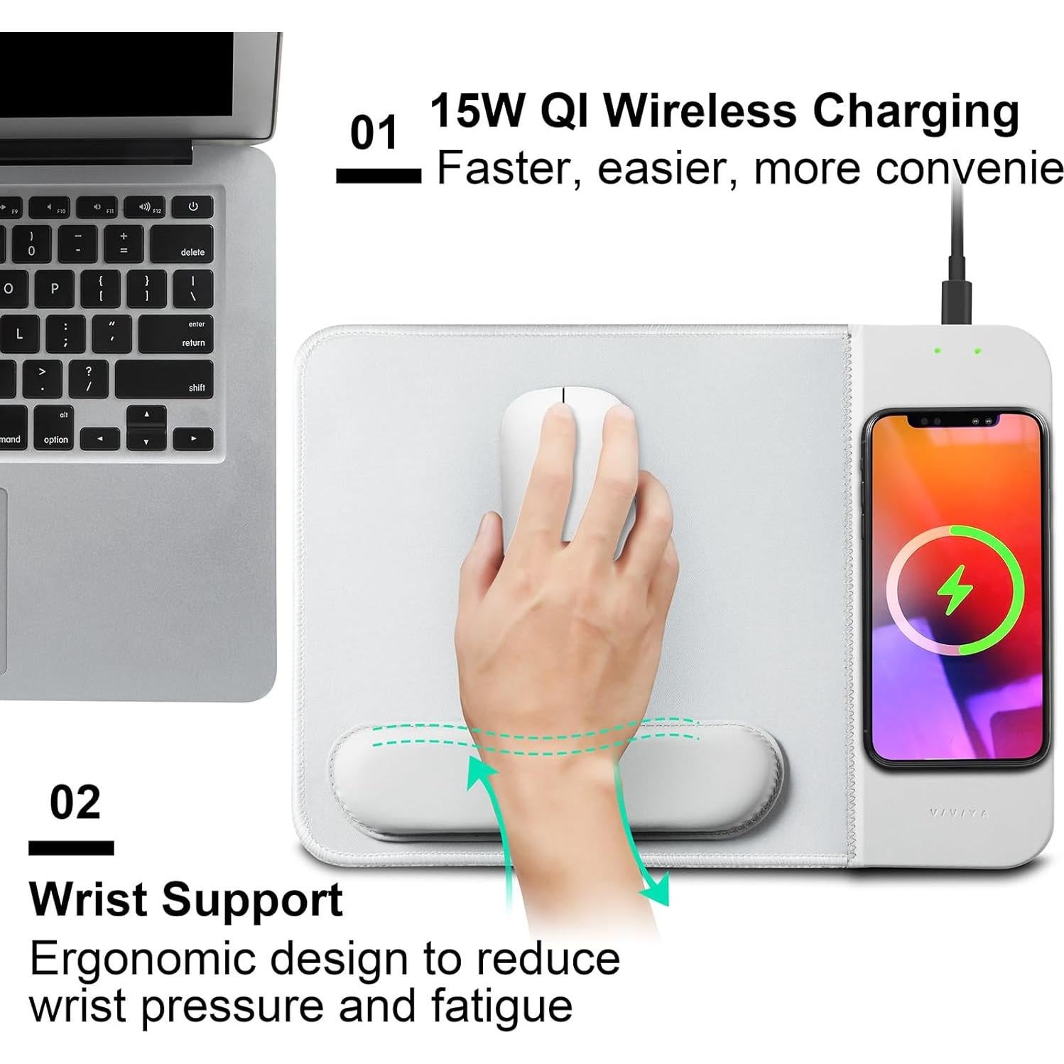 15W Wireless Charging Mouse Pad with Detachable Wrist Support and 20W Power Adapter, Fast QI Wireless Phone Charger Mouse Mat for iPhone 16/15/ 14/13/12/11/X and Samsung Multiple Devices (Grey)