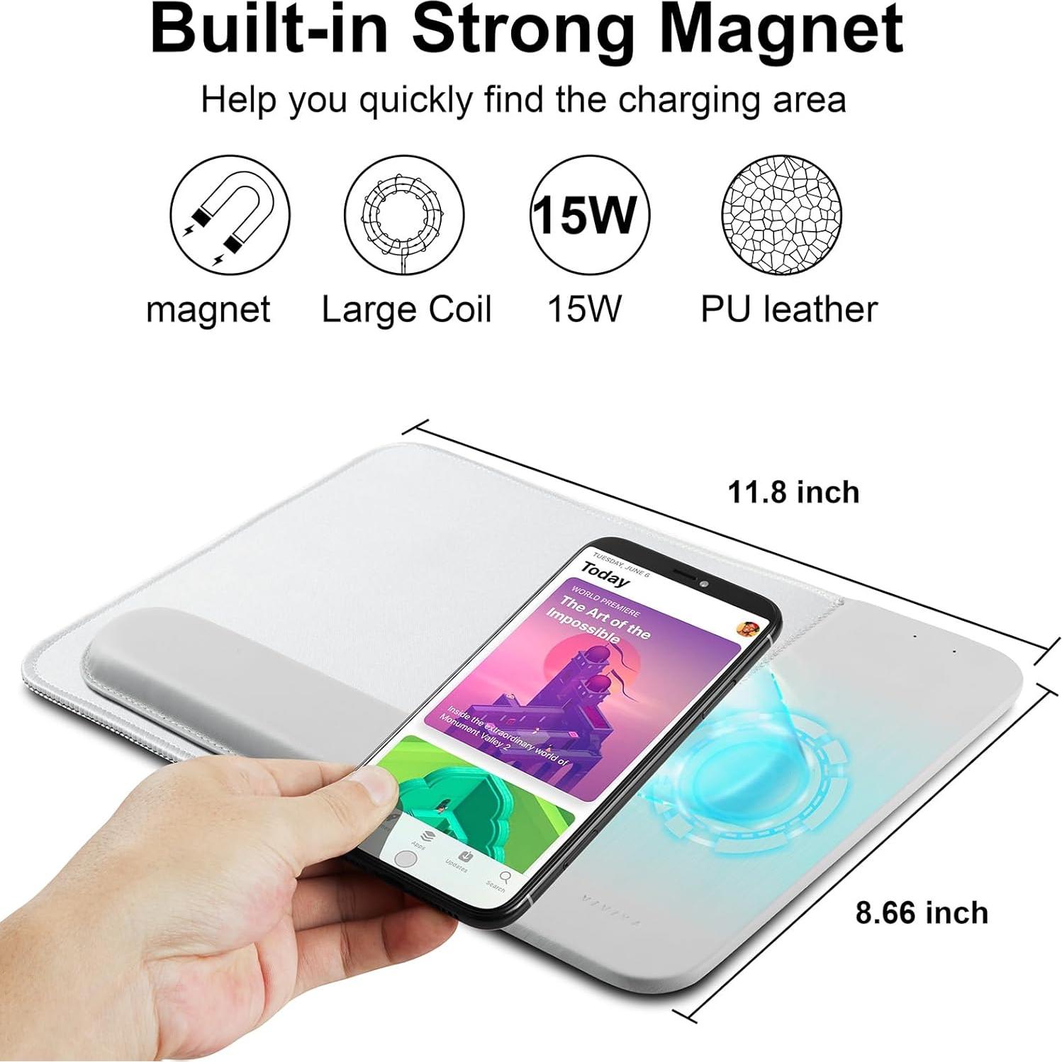 15W Wireless Charging Mouse Pad with Detachable Wrist Support and 20W Power Adapter, Fast QI Wireless Phone Charger Mouse Mat for iPhone 16/15/ 14/13/12/11/X and Samsung Multiple Devices (Grey)
