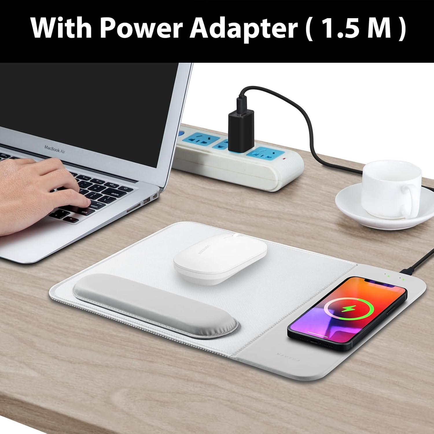 15W Wireless Charging Mouse Pad with Detachable Wrist Support and 20W Power Adapter, Fast QI Wireless Phone Charger Mouse Mat for iPhone 16/15/ 14/13/12/11/X and Samsung Multiple Devices (Grey)