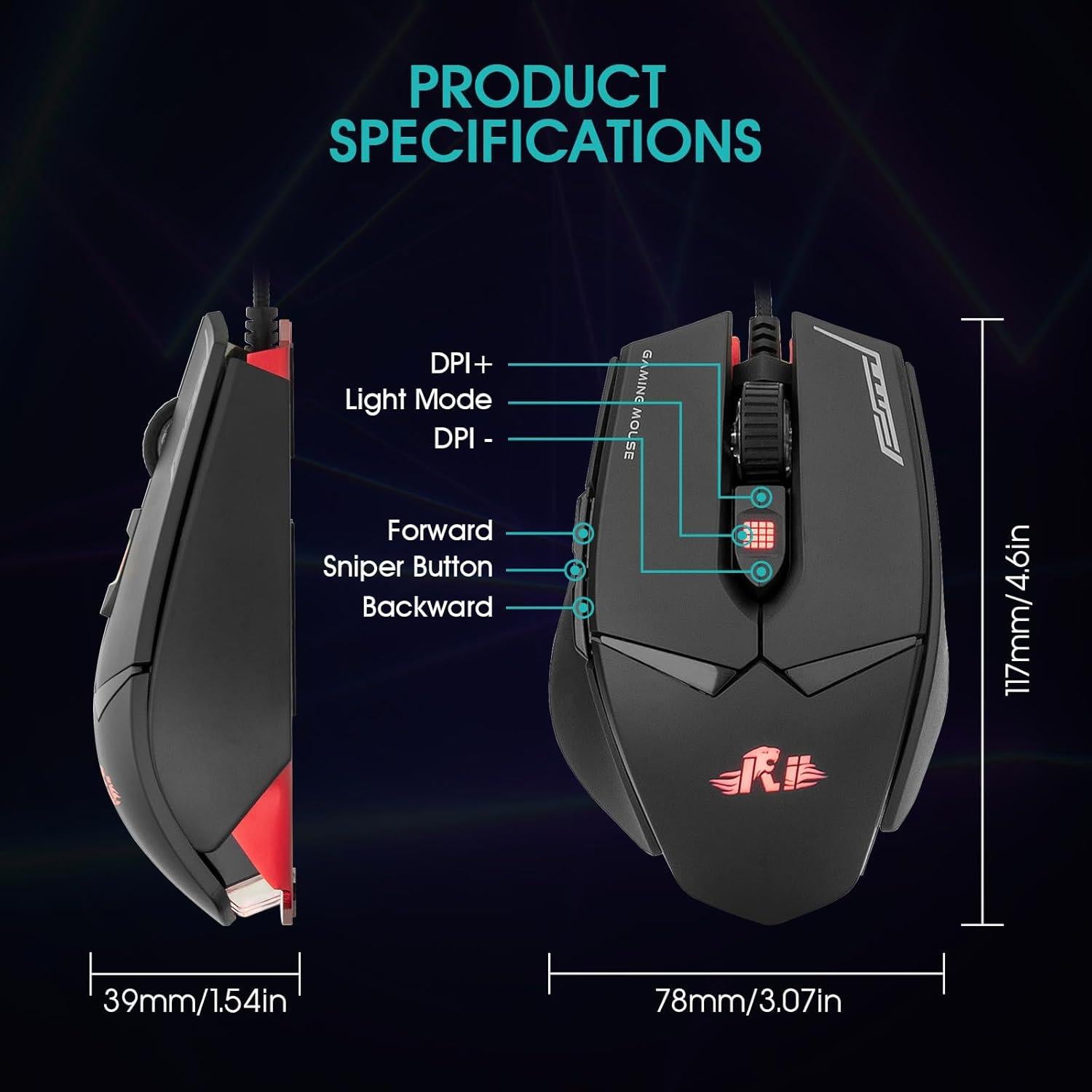 Ratón Gaming Rii M01 con Cable 12000 DPI RGB Ergonómico