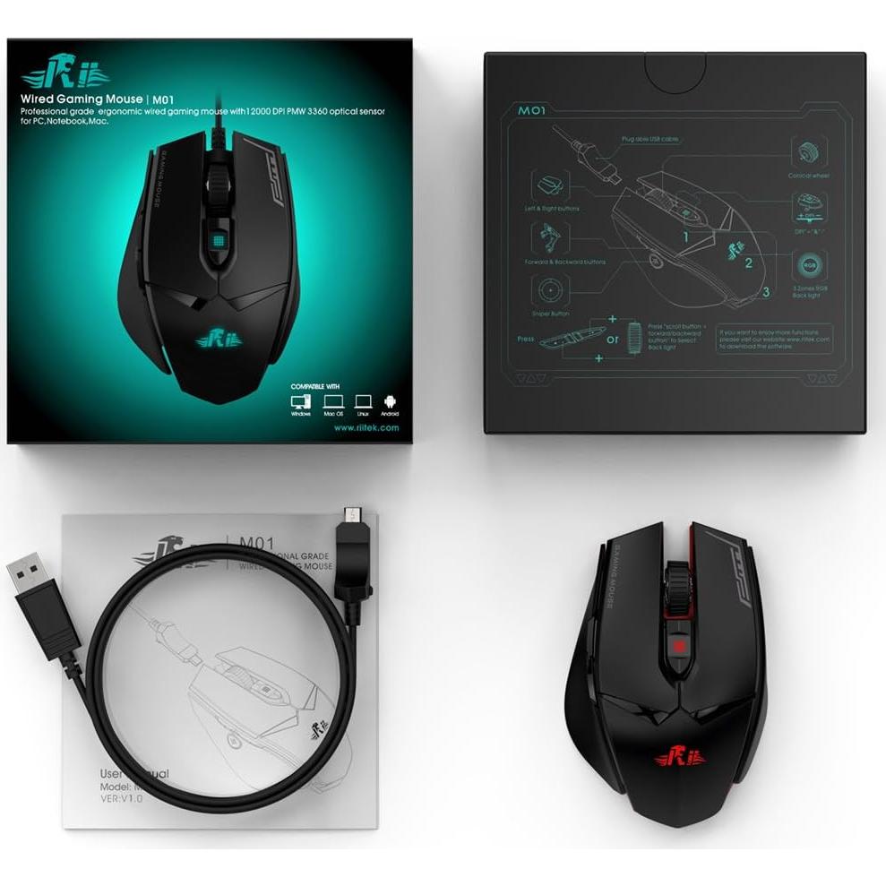 Ratón Gaming Rii M01 con Cable 12000 DPI RGB Ergonómico