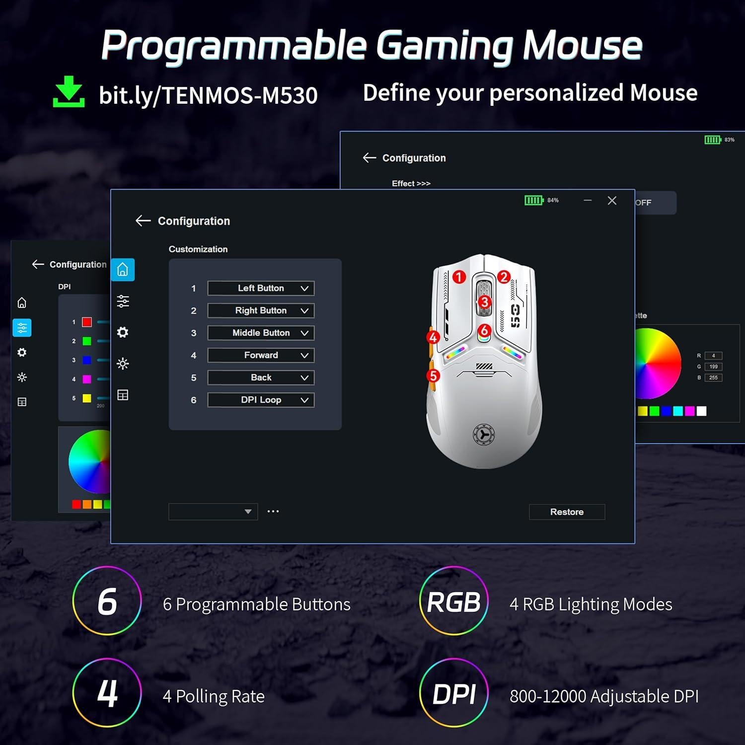 TENMOS M530 Ratón Gaming Inalámbrico 12000 DPI RGB Negro