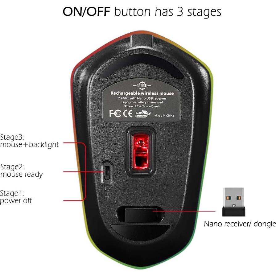 Ratón Inalámbrico Recargable Howell Firework, 7 Colores LED