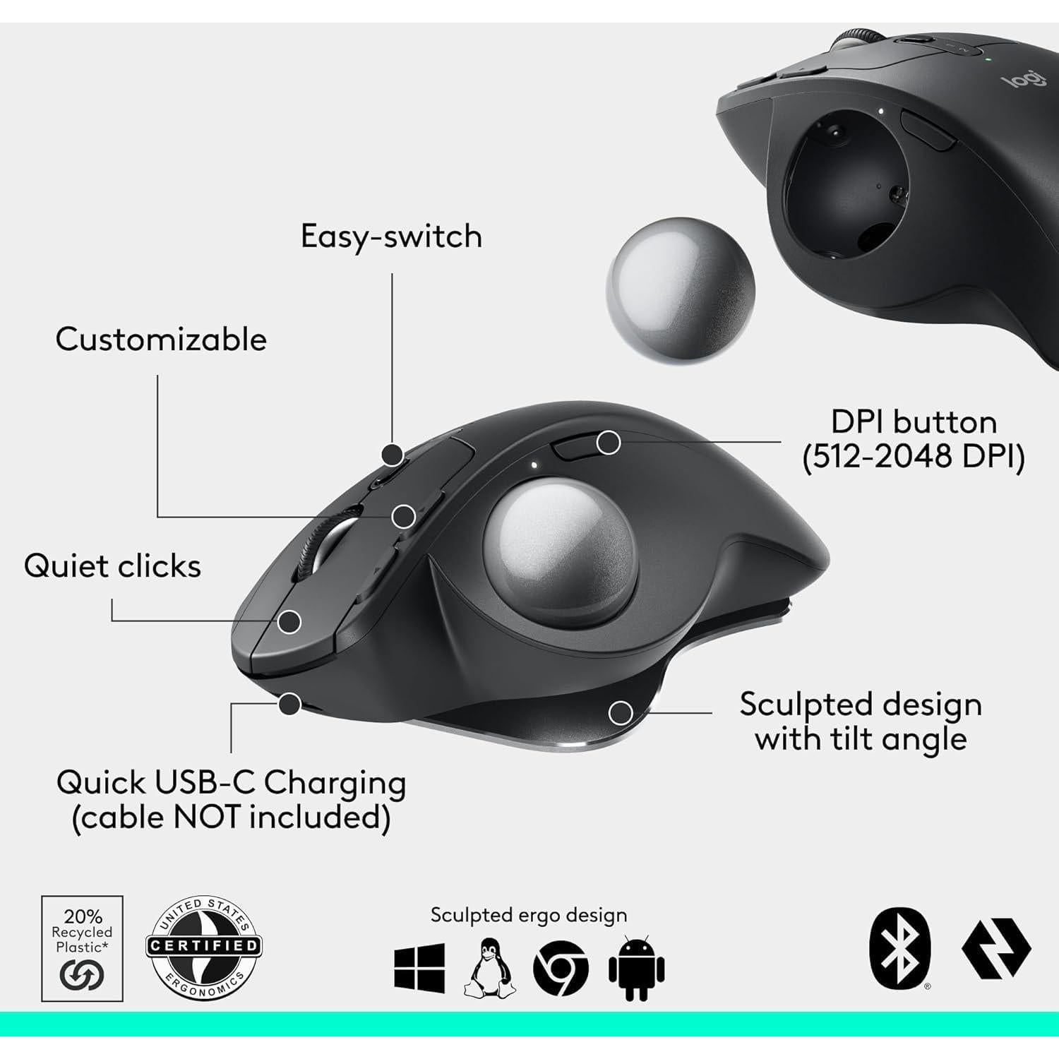 Logitech MX Ergo S Ratón Trackball Inalámbrico 2.4GHz, 6 Botones