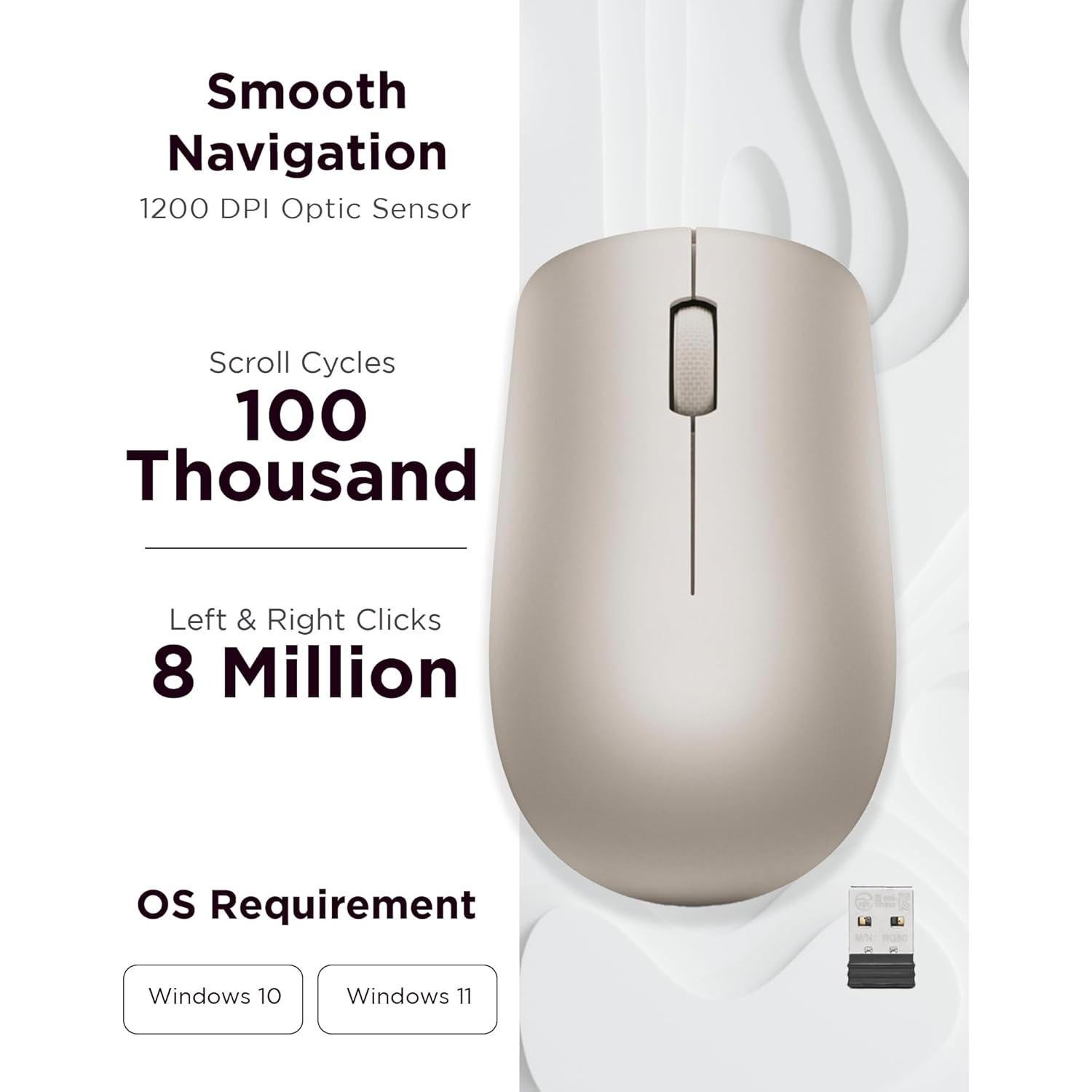 Ratón Inalámbrico Lenovo 530, 1200 DPI, Ergonómico, Almendra