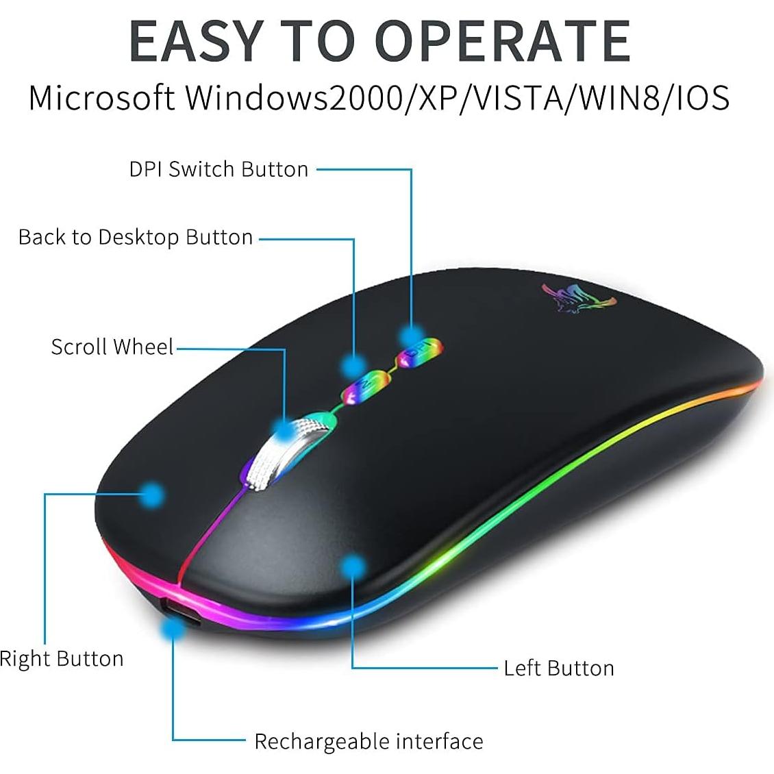 Ratón Inalámbrico BQSS LED Slim Recargable Silencioso Negro