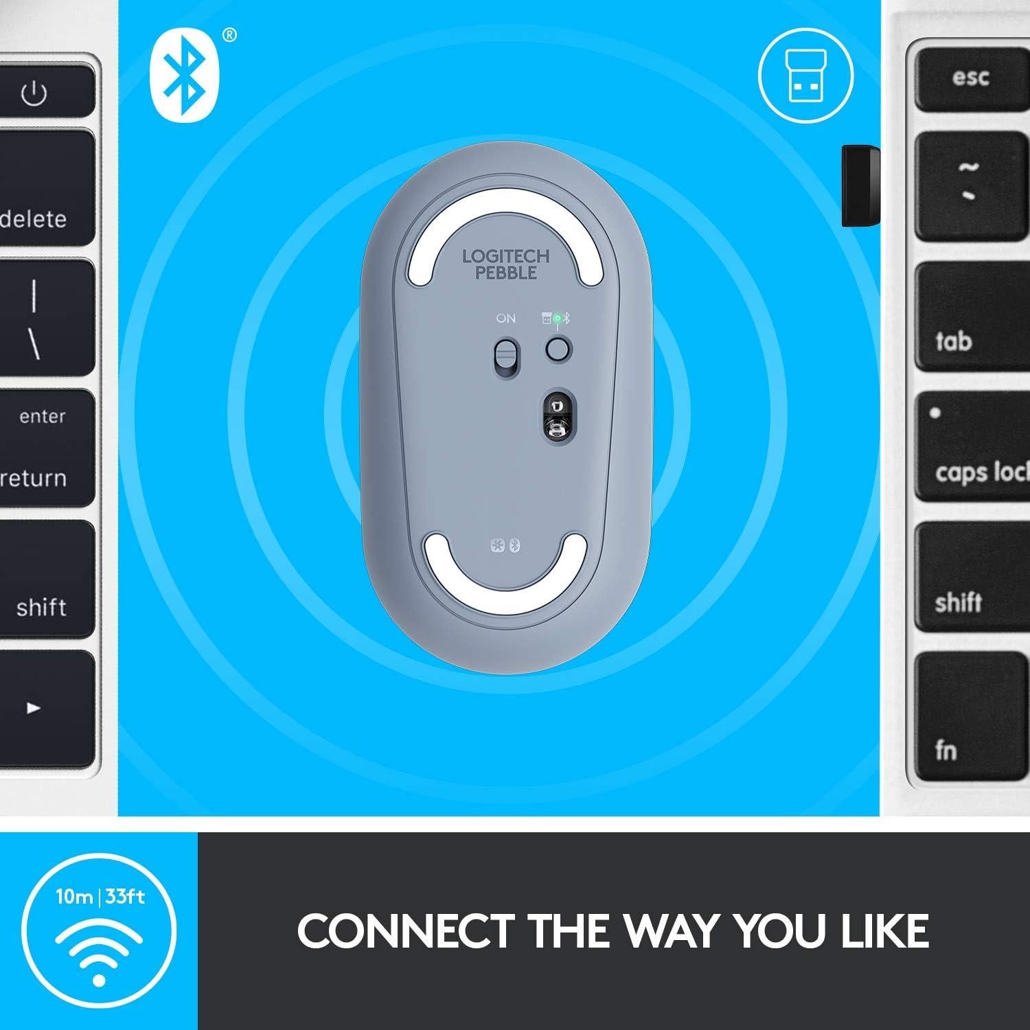 Logitech Pebble M350 Wireless Mouse with Bluetooth or USB - Silent, Slim Computer Mouse with Quiet Click for Laptop, Notebook, PC and Mac - Blue Grey (Renewed)