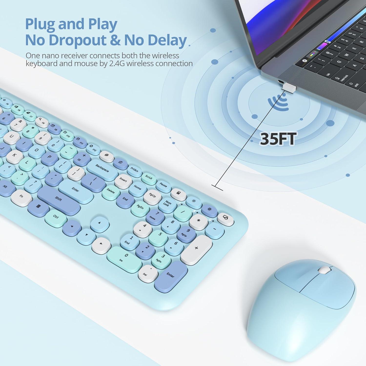 Combo Teclado y Ratón Inalámbrico FS SHOP Azul Retro 104 Teclas
