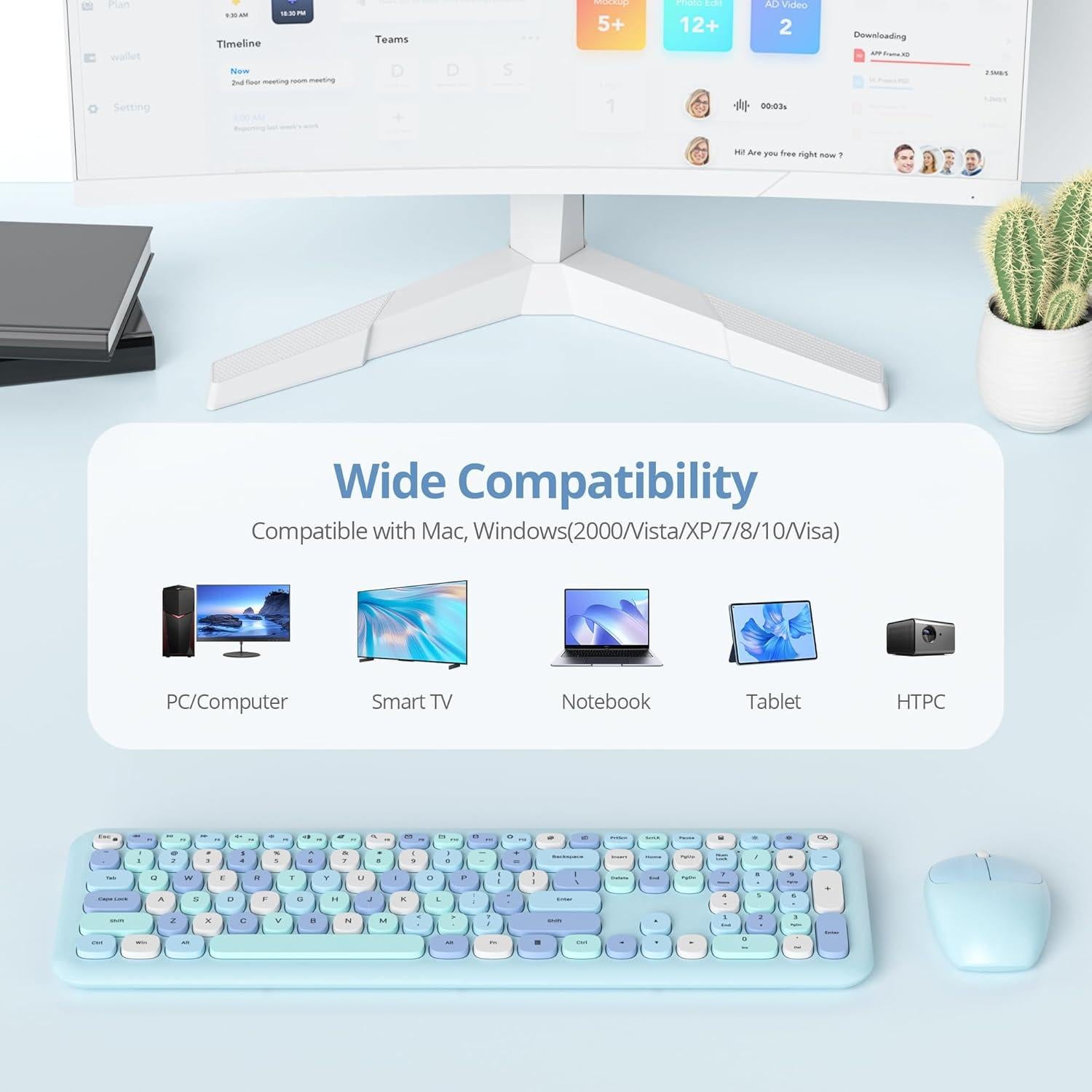 Combo Teclado y Ratón Inalámbrico FS SHOP Azul Retro 104 Teclas