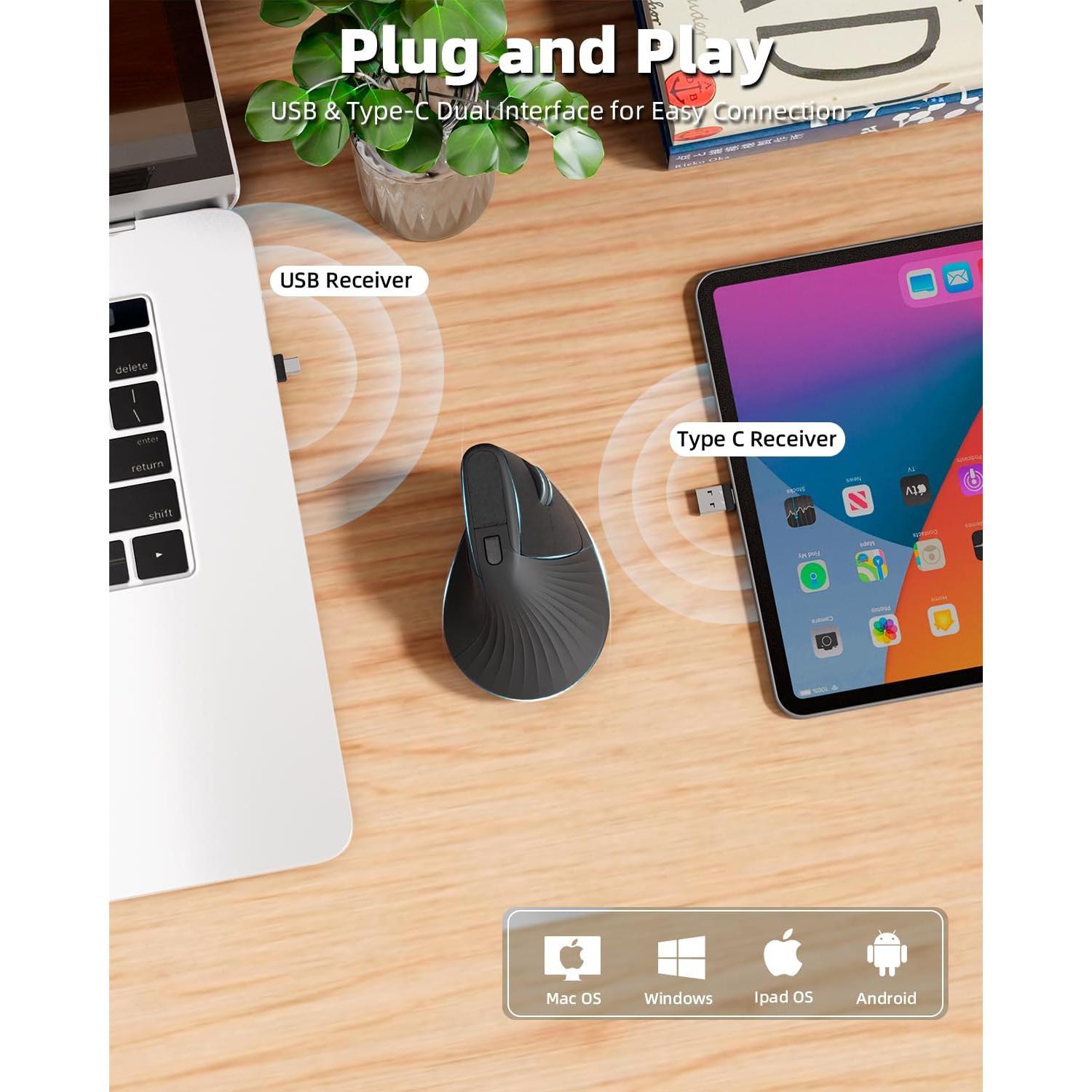 Ratón Vertical Ergonómico Zhaman Recargable USB Tipo C Negro