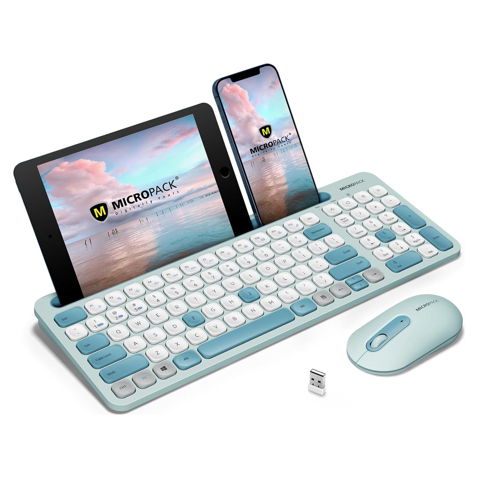 MicroPack Wireless Keyboard and Mouse, Multi-Device Dual-Mode (Bluetooth 5.0/3.0+USB 2.4G) Silent Bluetooth Keyboard Mouse with Phone Holder for Mac, iPad, Android, Windows (Blue)