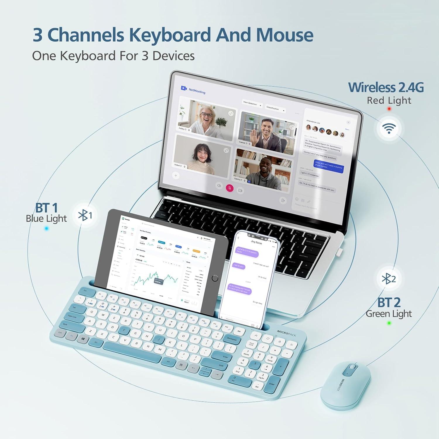 MicroPack Wireless Keyboard and Mouse, Multi-Device Dual-Mode (Bluetooth 5.0/3.0+USB 2.4G) Silent Bluetooth Keyboard Mouse with Phone Holder for Mac, iPad, Android, Windows (Blue)