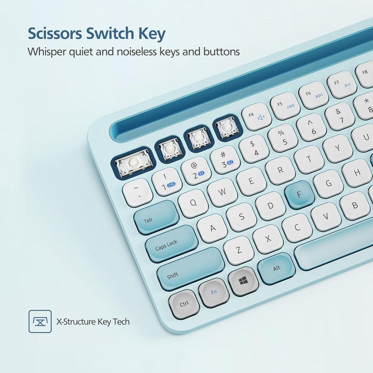 MicroPack Wireless Keyboard and Mouse, Multi-Device Dual-Mode (Bluetooth 5.0/3.0+USB 2.4G) Silent Bluetooth Keyboard Mouse with Phone Holder for Mac, iPad, Android, Windows (Blue)