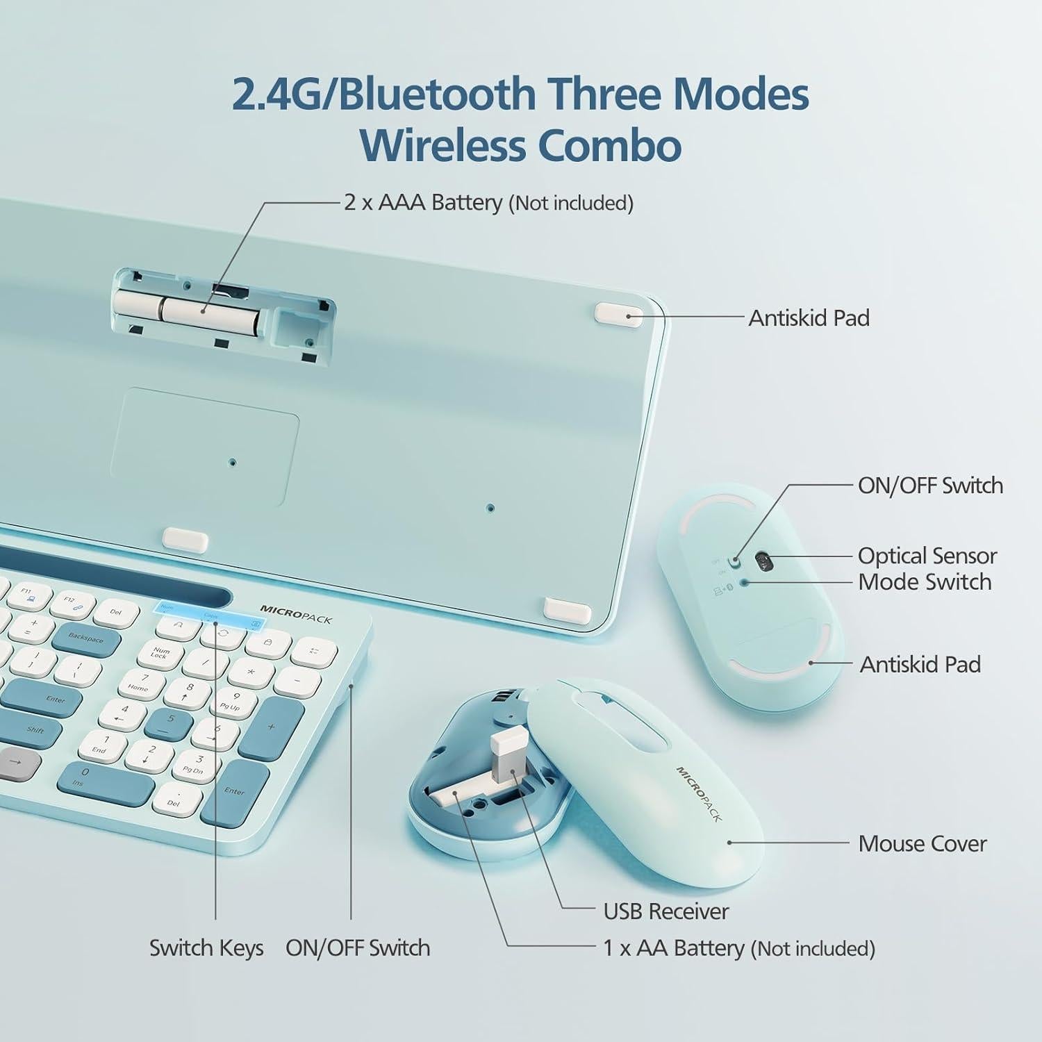 MicroPack Wireless Keyboard and Mouse, Multi-Device Dual-Mode (Bluetooth 5.0/3.0+USB 2.4G) Silent Bluetooth Keyboard Mouse with Phone Holder for Mac, iPad, Android, Windows (Blue)
