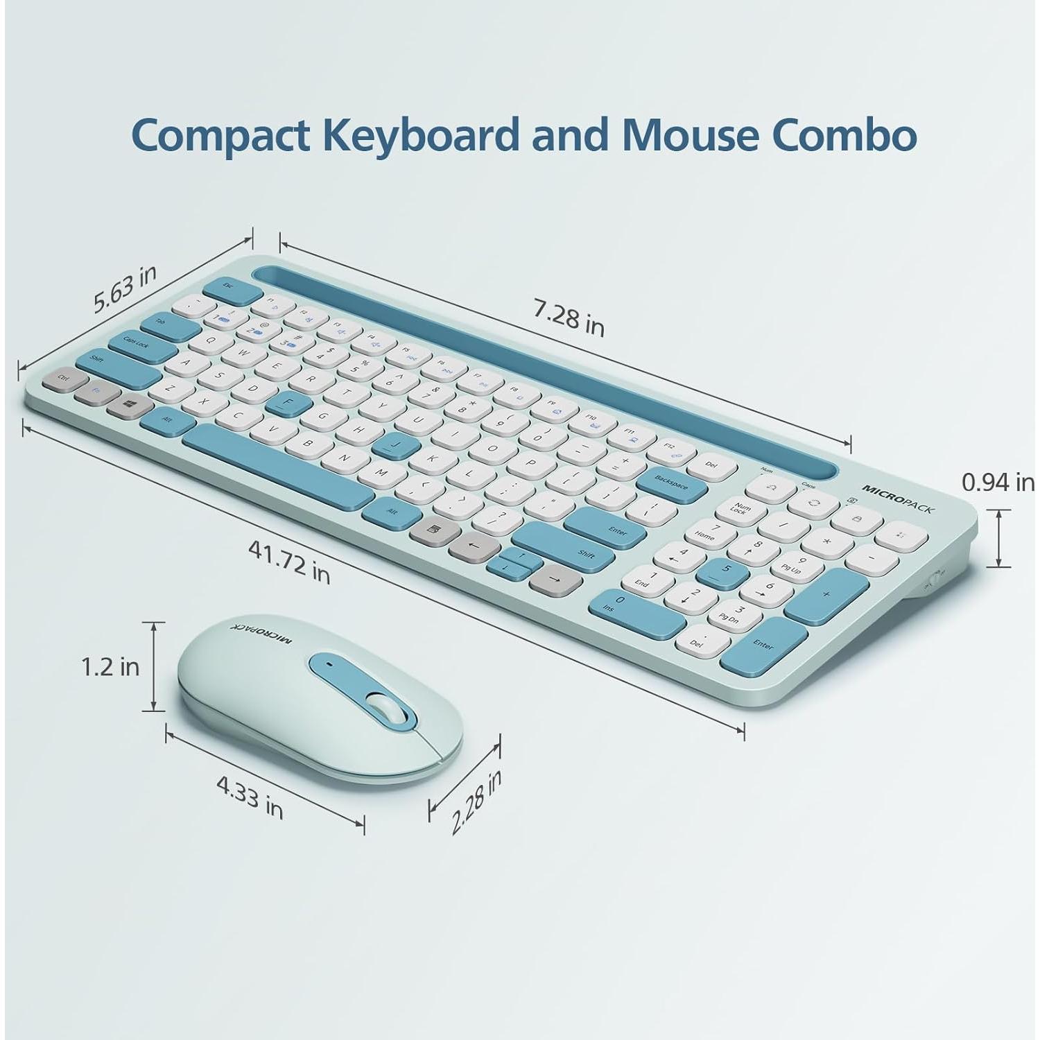 MicroPack Wireless Keyboard and Mouse, Multi-Device Dual-Mode (Bluetooth 5.0/3.0+USB 2.4G) Silent Bluetooth Keyboard Mouse with Phone Holder for Mac, iPad, Android, Windows (Blue)