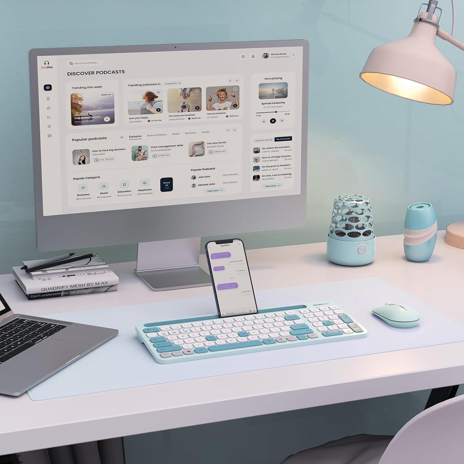 MicroPack Wireless Keyboard and Mouse, Multi-Device Dual-Mode (Bluetooth 5.0/3.0+USB 2.4G) Silent Bluetooth Keyboard Mouse with Phone Holder for Mac, iPad, Android, Windows (Blue)