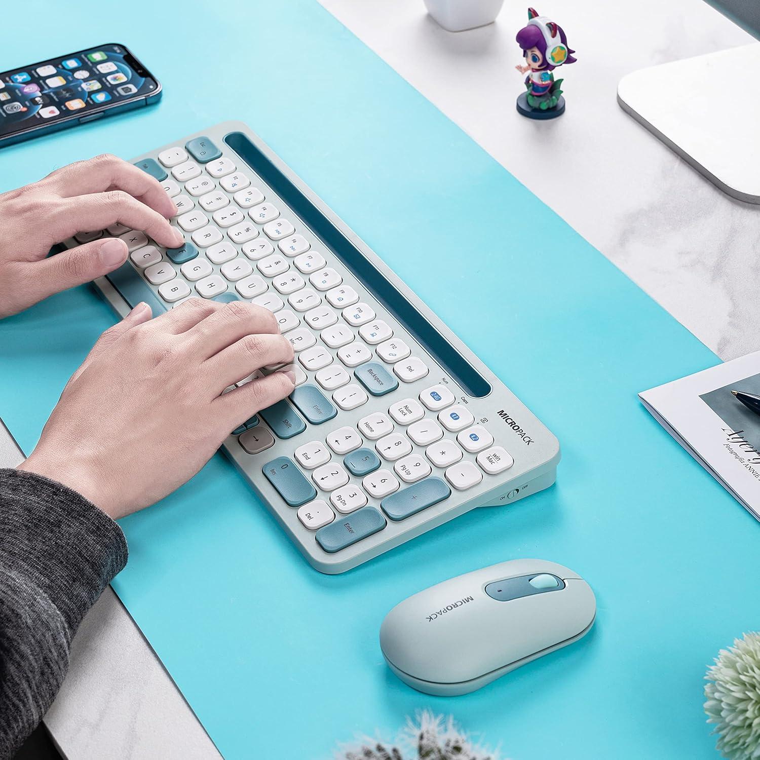 MicroPack Wireless Keyboard and Mouse, Multi-Device Dual-Mode (Bluetooth 5.0/3.0+USB 2.4G) Silent Bluetooth Keyboard Mouse with Phone Holder for Mac, iPad, Android, Windows (Blue)