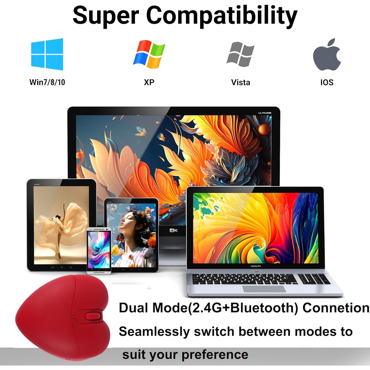 Ratón Inalámbrico Bluetooth TECCOEUS Rojo Corazón Silencioso