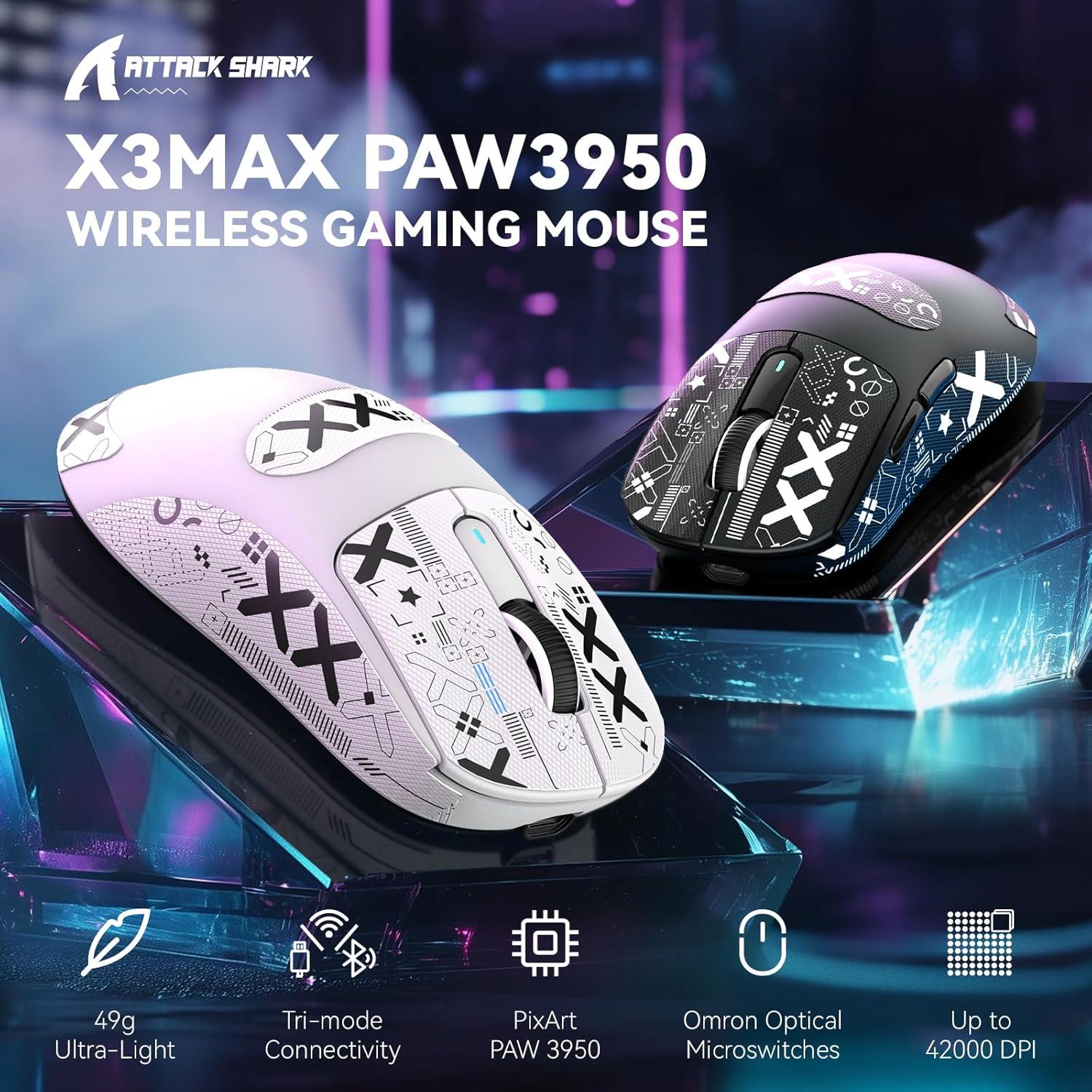 Attack SHAKR X3MAX Wireless Gaming Mouse,PixArt PAW3950 42000 DPI,49g Ultralight Tri-Mode(BT5.4/2.4GHz/Wired), 1K Polling Rate Programmable Computer Mice for PC/MAC/Win - White&Tape