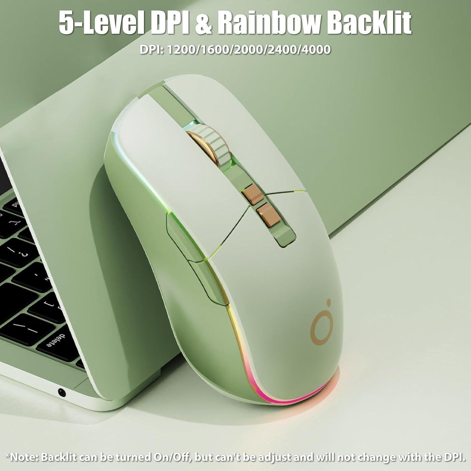 Wireless Gaming Mouse Tri-Mode 2.4Ghz/Bluetooth 5.0/Wired USB-C with RGB LED Backlit 5-Level DPI Rechargeable Ergonomic Silent Optical Mice for iMac/MacBook/Computer/Laptop, Matcha Green