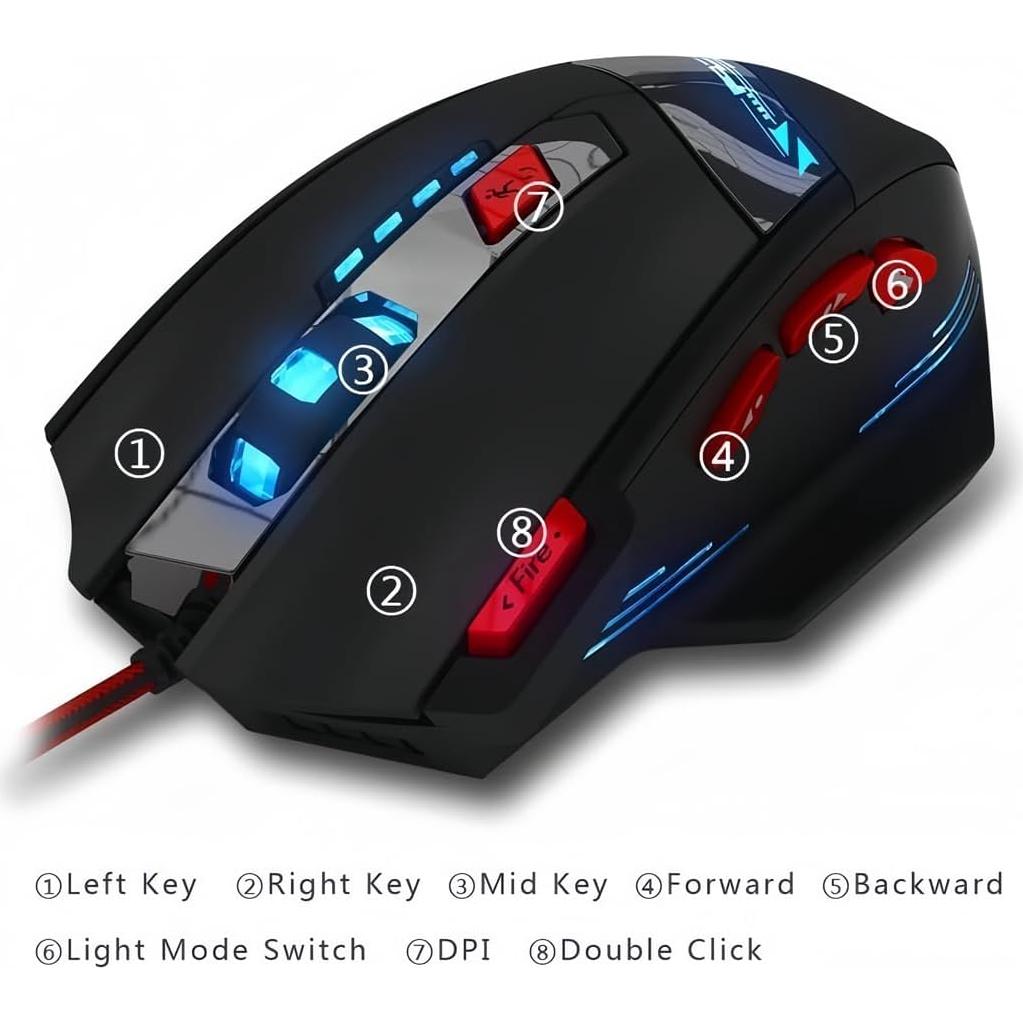 Mouse Gaming Zelotes T90 9200 DPI 8 Botones RGB USB Negro