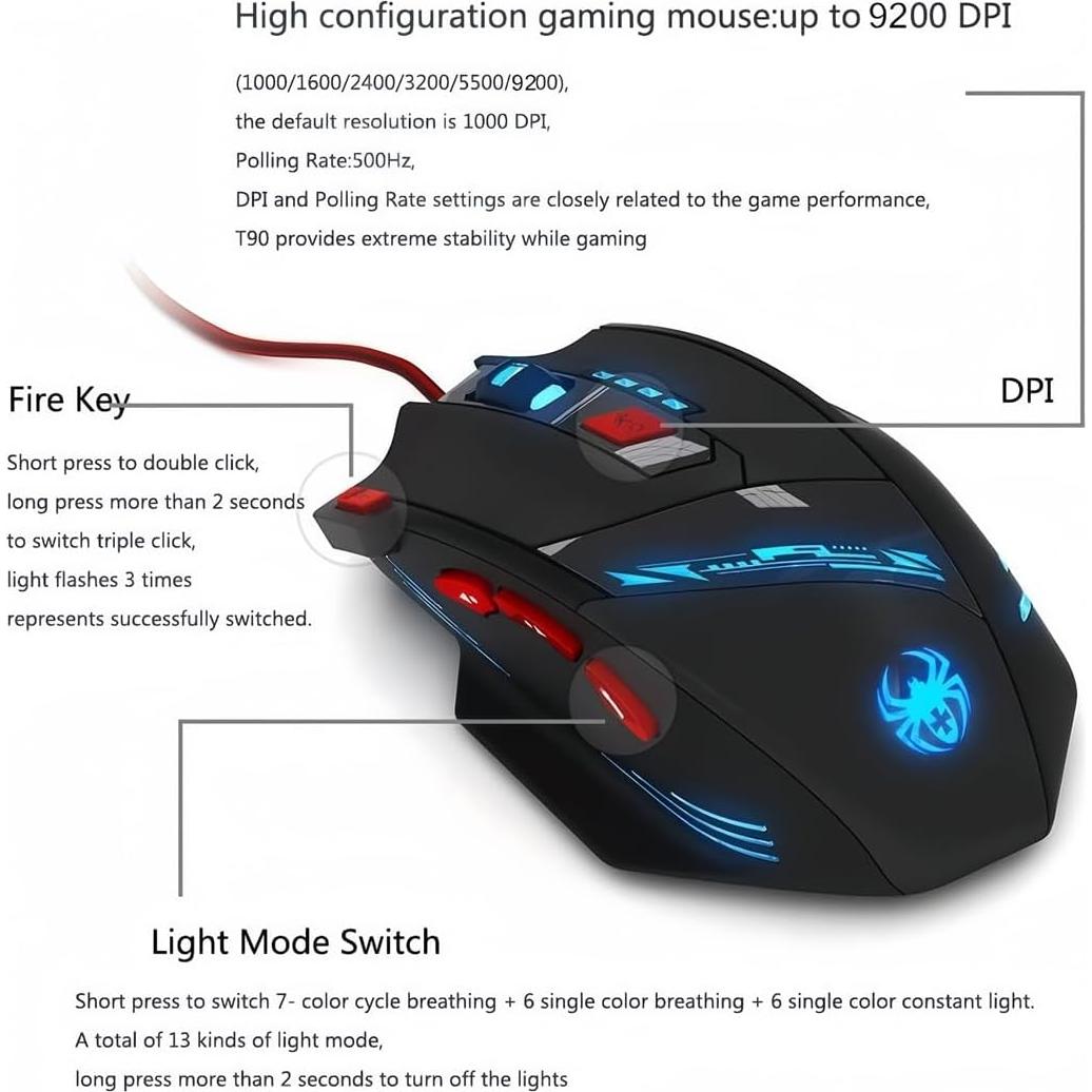 Mouse Gaming Zelotes T90 9200 DPI 8 Botones RGB USB Negro