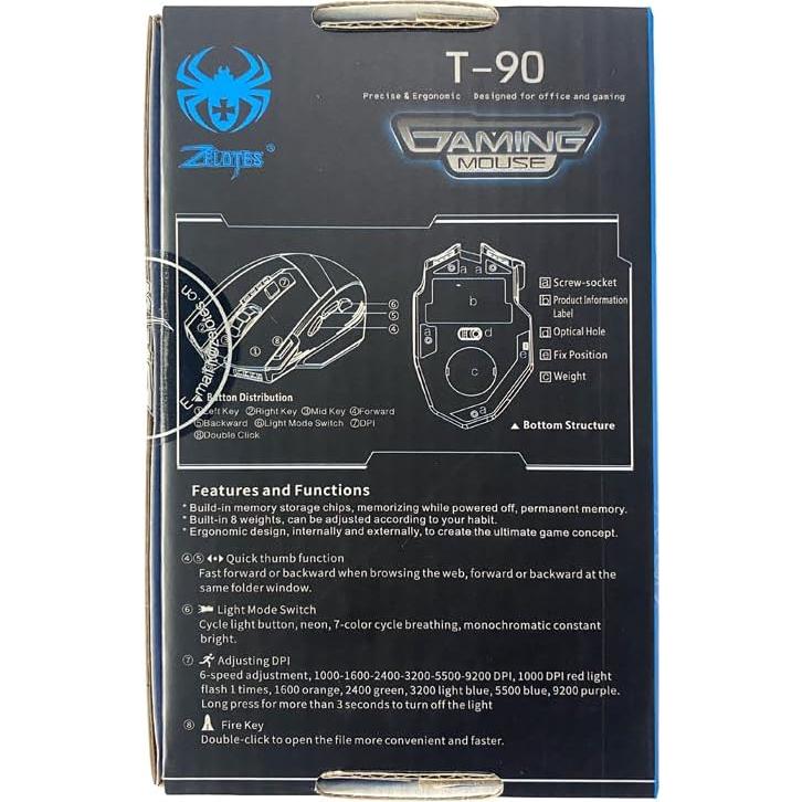Mouse Gaming Zelotes T90 9200 DPI 8 Botones RGB USB Negro