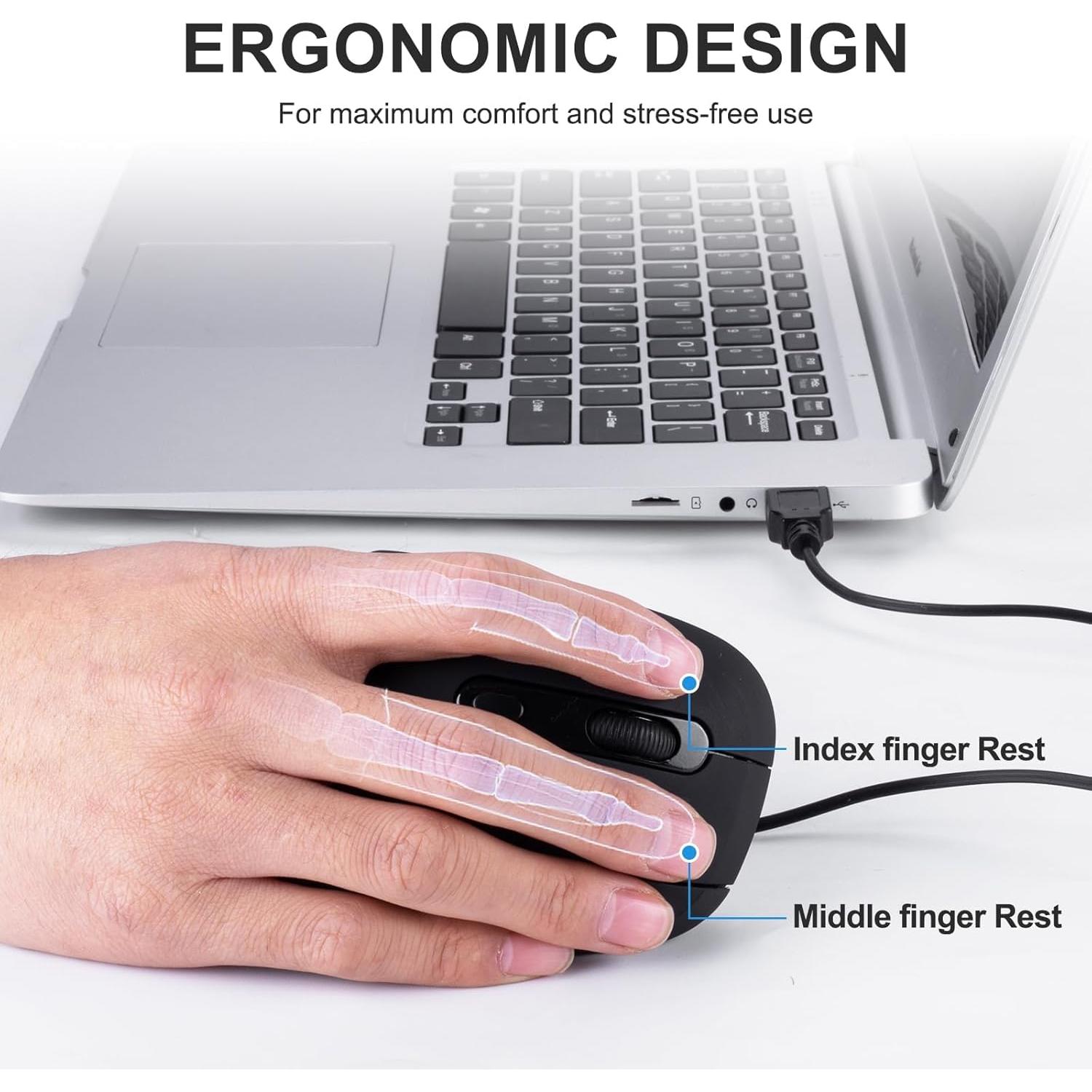 Ratón Vertical Ergonómico HXMJ USB 1.5m Clic Silencioso Negro