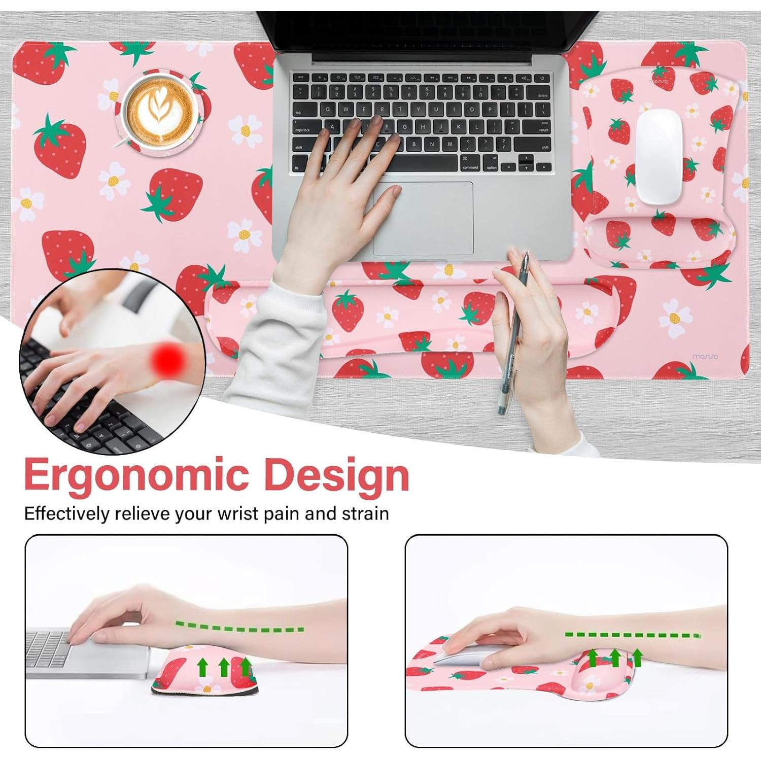 Conjunto Alfombrilla de Escritorio MOSISO Ergonomica Fresa 90x40cm