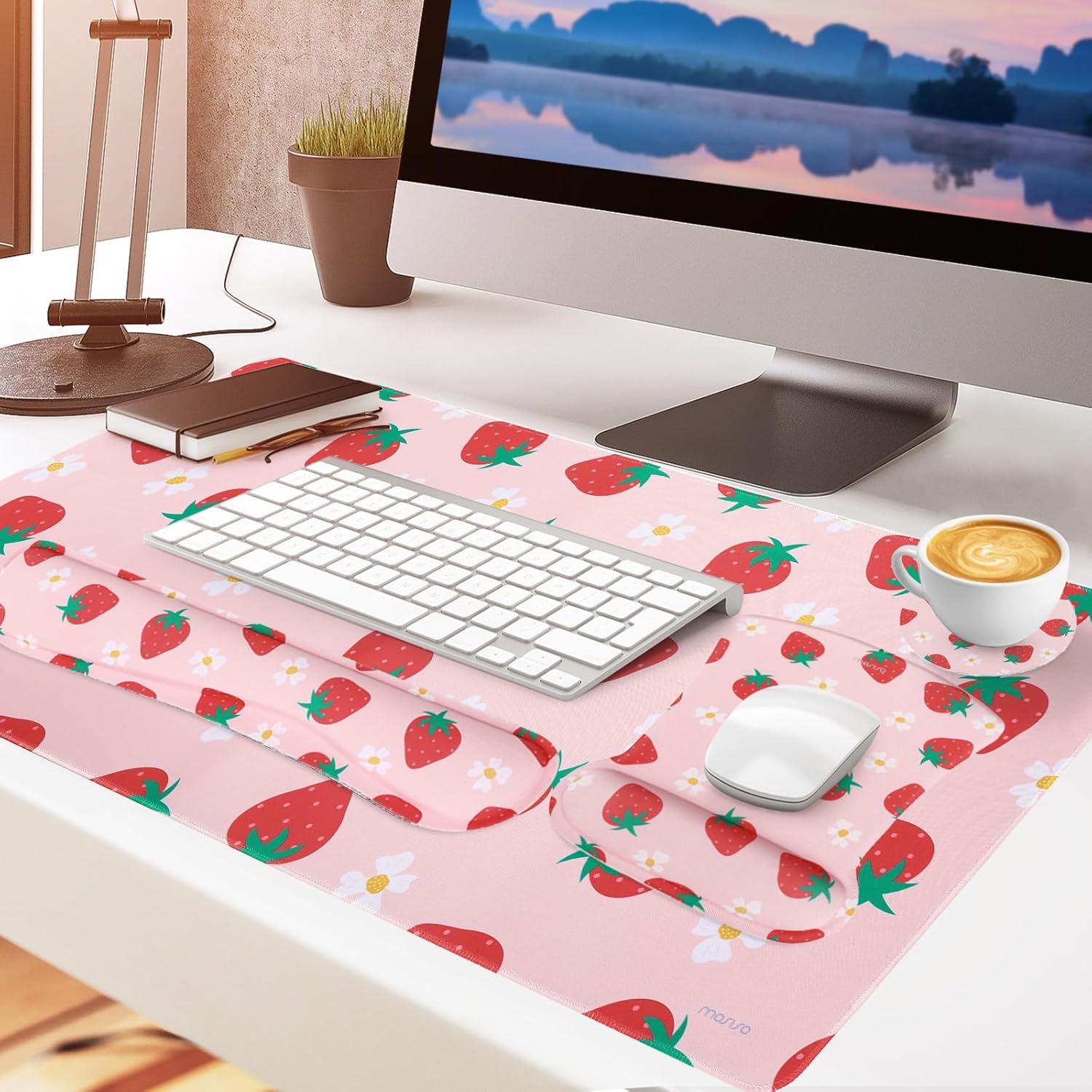 Conjunto Alfombrilla de Escritorio MOSISO Ergonomica Fresa 90x40cm