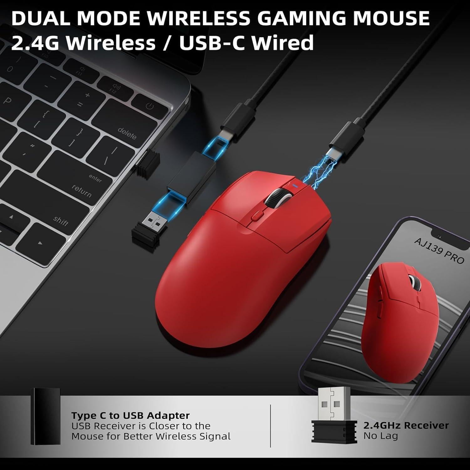 Ratón Gaming Inalámbrico MANBASNAKE AJ139 Pro 26000 DPI Rojo