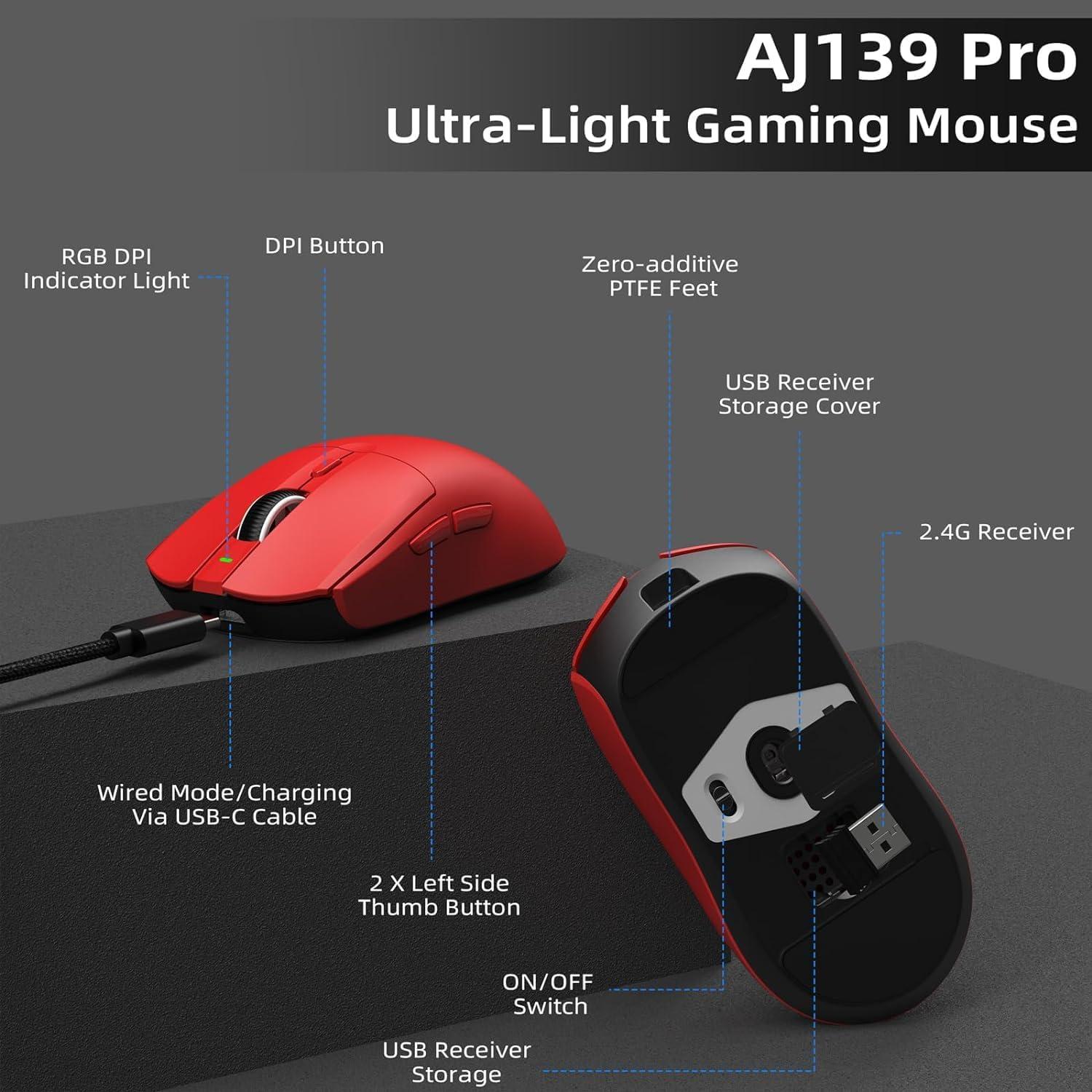 Ratón Gaming Inalámbrico MANBASNAKE AJ139 Pro 26000 DPI Rojo