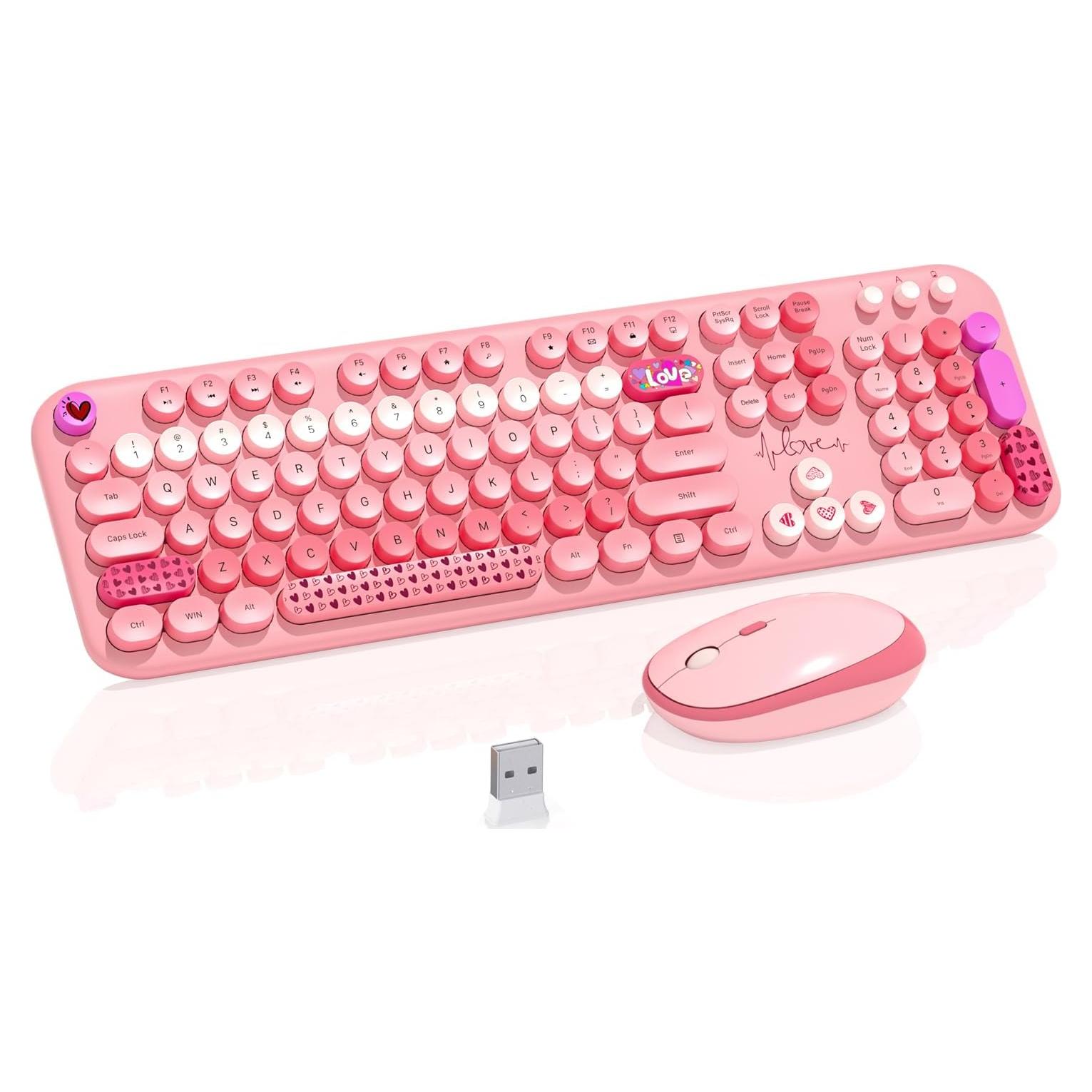 Wireless Keyboard Mouse,104 Full Size Cute Colorful Keyboard and Mouse with Retro Typewriter for PC/Mac/Laptop/Tablet/Computer/Windows/Microsoft, Pink