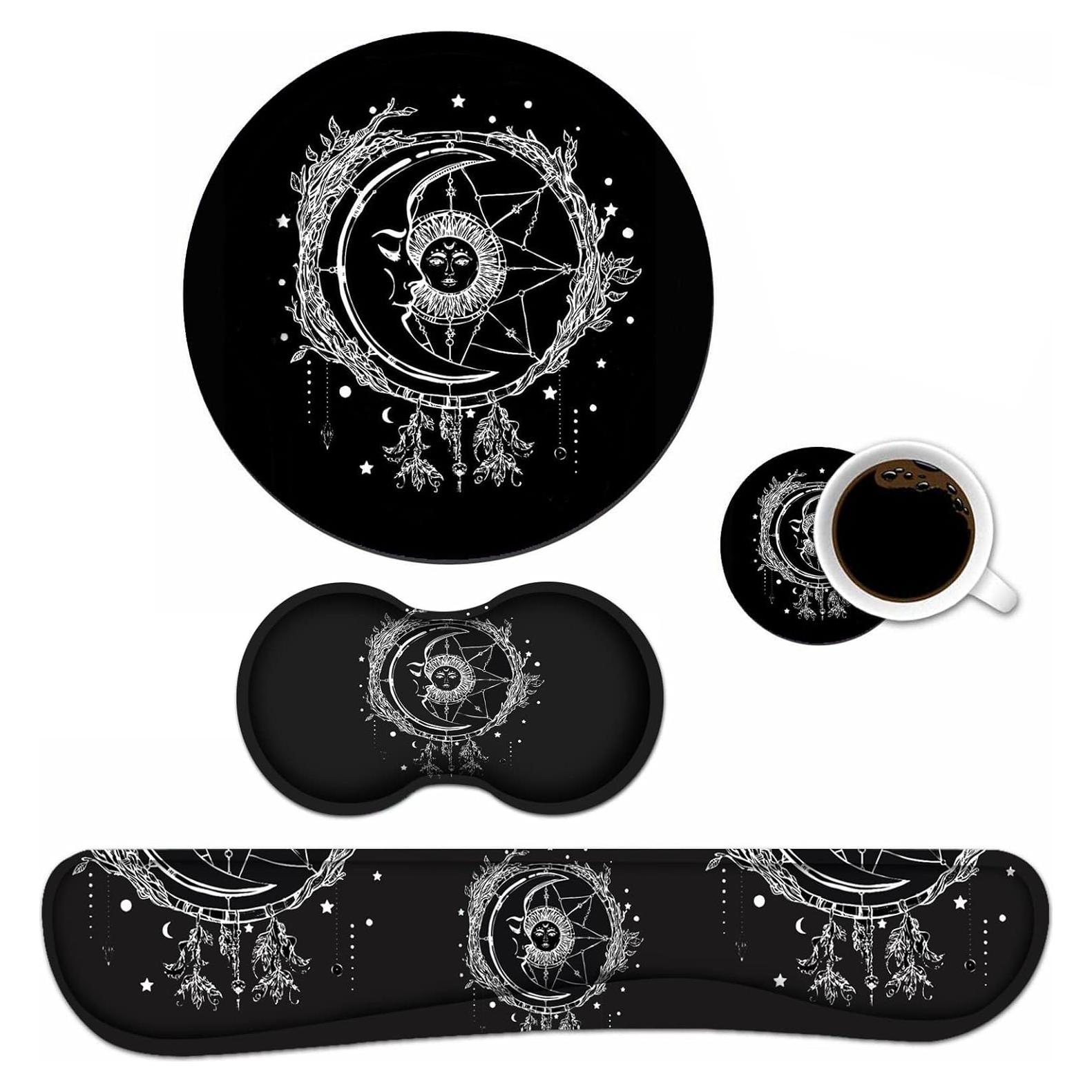 Keyboard Wrist Rest and Mouse Pad Wrist Rest Set with Coasters [4Pcs], Ergonomic Support, Non-Slip Rubber Base for Home OfficeEasy Typing & Pain Relief, Celestial Theme Sun with Crescent Moon