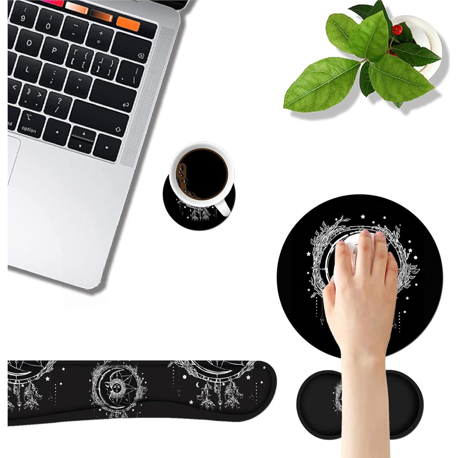 Keyboard Wrist Rest and Mouse Pad Wrist Rest Set with Coasters [4Pcs], Ergonomic Support, Non-Slip Rubber Base for Home OfficeEasy Typing & Pain Relief, Celestial Theme Sun with Crescent Moon