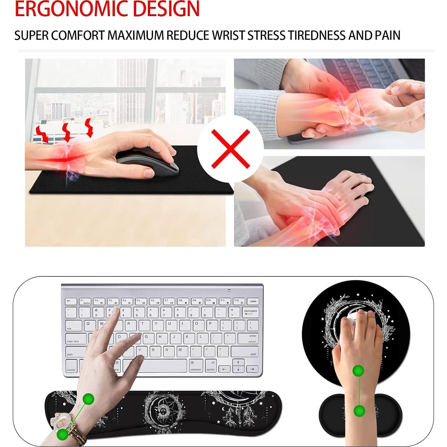 Keyboard Wrist Rest and Mouse Pad Wrist Rest Set with Coasters [4Pcs], Ergonomic Support, Non-Slip Rubber Base for Home OfficeEasy Typing & Pain Relief, Celestial Theme Sun with Crescent Moon