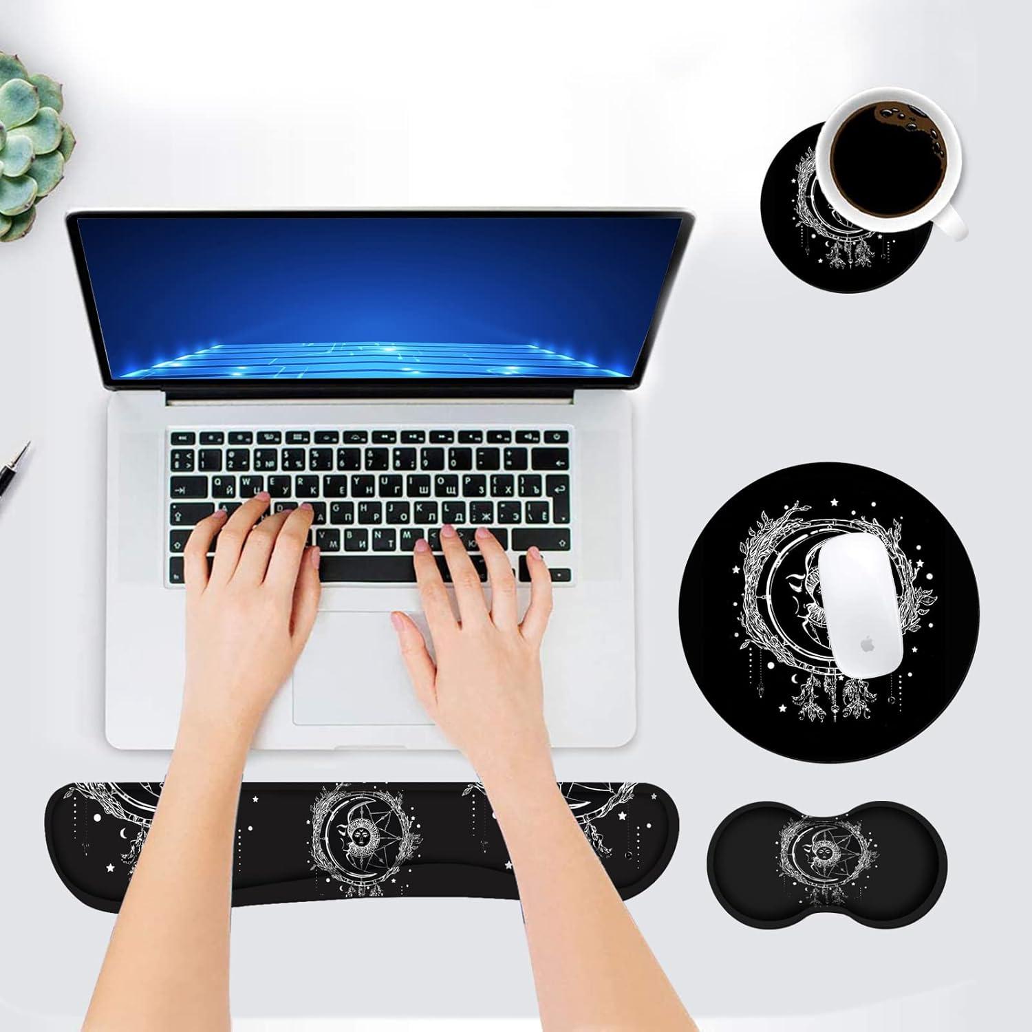 Keyboard Wrist Rest and Mouse Pad Wrist Rest Set with Coasters [4Pcs], Ergonomic Support, Non-Slip Rubber Base for Home OfficeEasy Typing & Pain Relief, Celestial Theme Sun with Crescent Moon