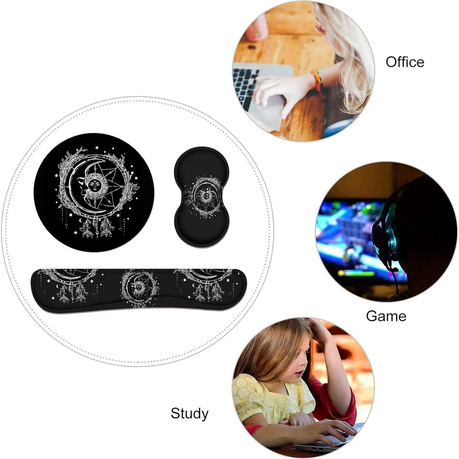 Keyboard Wrist Rest and Mouse Pad Wrist Rest Set with Coasters [4Pcs], Ergonomic Support, Non-Slip Rubber Base for Home OfficeEasy Typing & Pain Relief, Celestial Theme Sun with Crescent Moon
